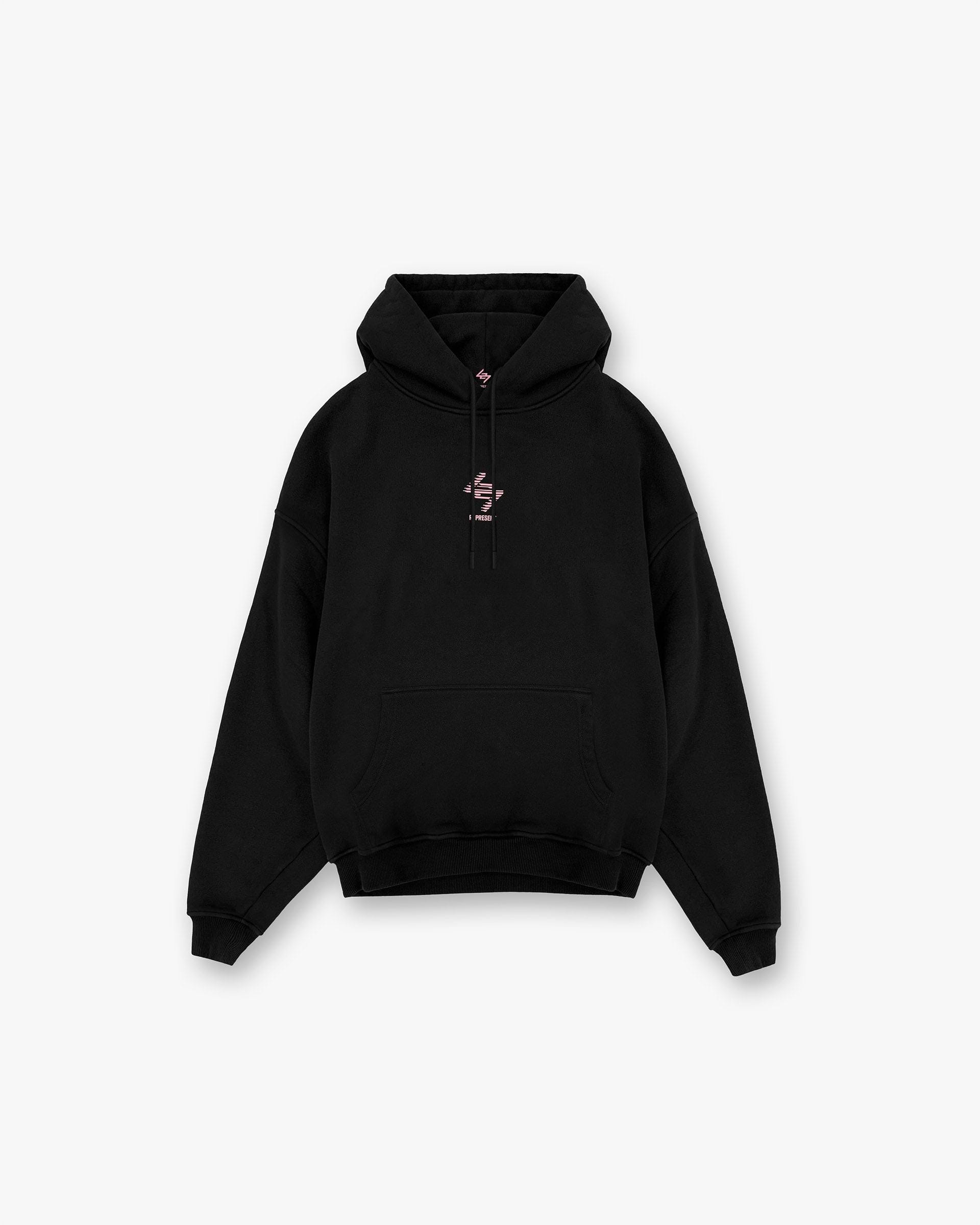 Back product image of a mens black hoodie on a plain white background | 247 Los Angeles Hoodie in Jet Black | Oversized hoodie with ribbed cuffs and hem | 247 Hoodies | Represent Clo
