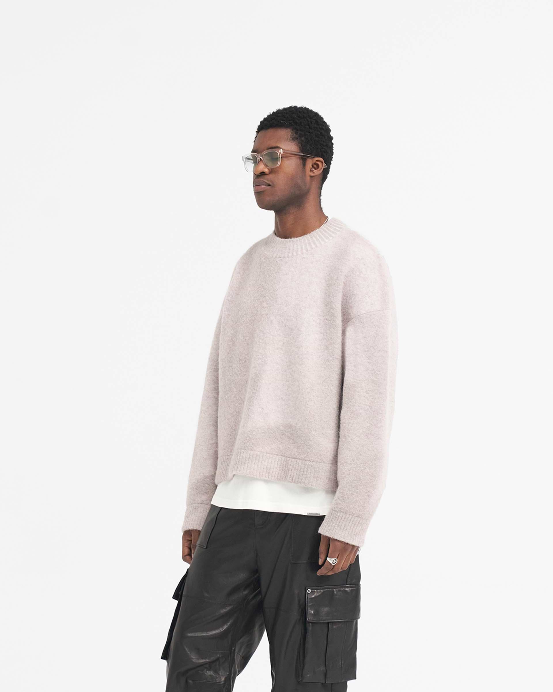 Back product image of a mens taupe sweater on a plain white background | Sprayed Horizons Sweater in Washed Taupe | Oversized sweater with ribbed hem and cuffs | SS24 Knitwear | Represent Clo