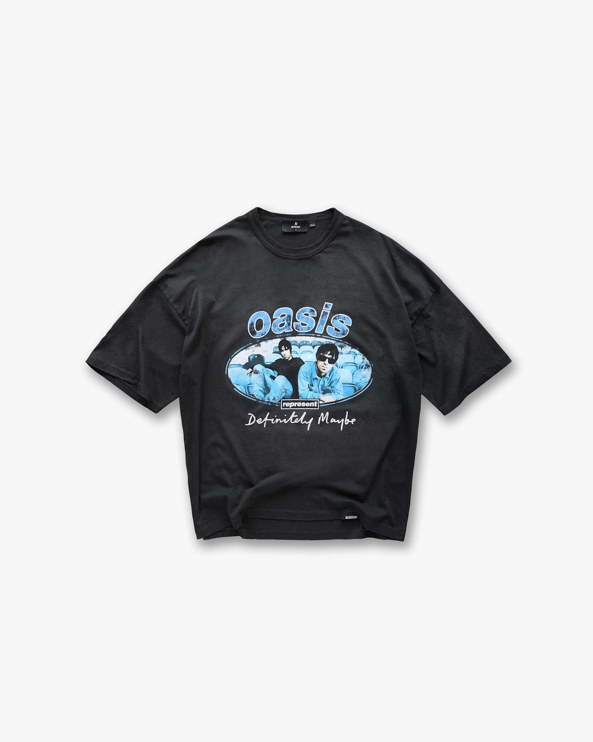 Front product image of a mens black t-shirt on a plain white background | Represent X Oasis Maine Road T-Shirt in Washed Black | Graphic t-shirt with band design | FW24 T-Shirts | Represent Clo