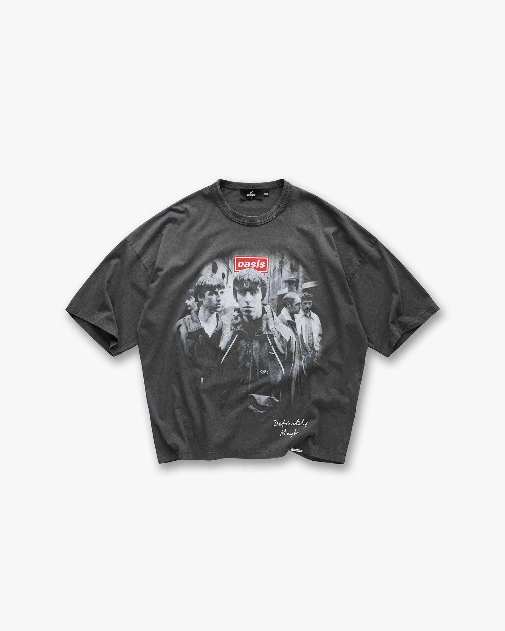 Front product image of a mens black t-shirt on a plain white background | Represent X Oasis Definitely Maybe T-Shirt in Washed Black | Graphic t-shirt with stepped hem and vintage look | FW24 T-Shirts | Represent Clo