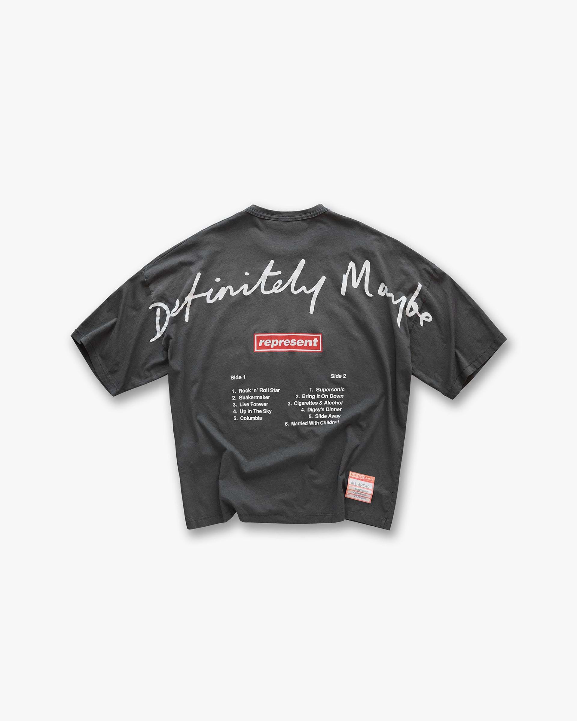 Back product image of a mens grey t-shirt on a plain white background | Represent X Oasis Definitely Maybe T-Shirt in Washed Black | Oversized boxy fit with distressed details and iconic Oasis graphics | FW24 T-Shirts | Represent Clo