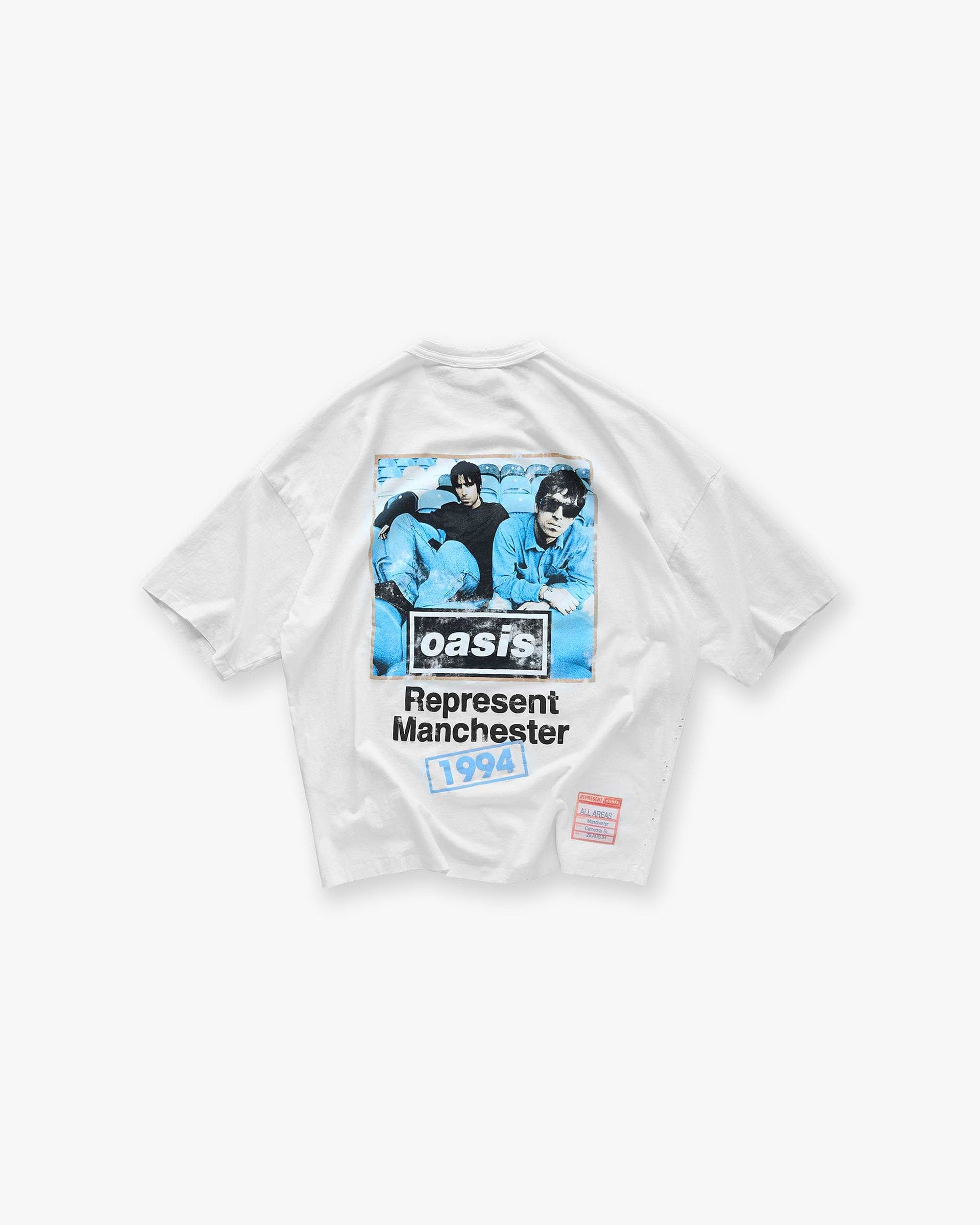 Back product image of a mens white t-shirt on a plain white background | Represent X Oasis Maine Road T-Shirt in Flat White | Distressed details with iconic Oasis imagery | FW24 T-Shirts | Represent Clo