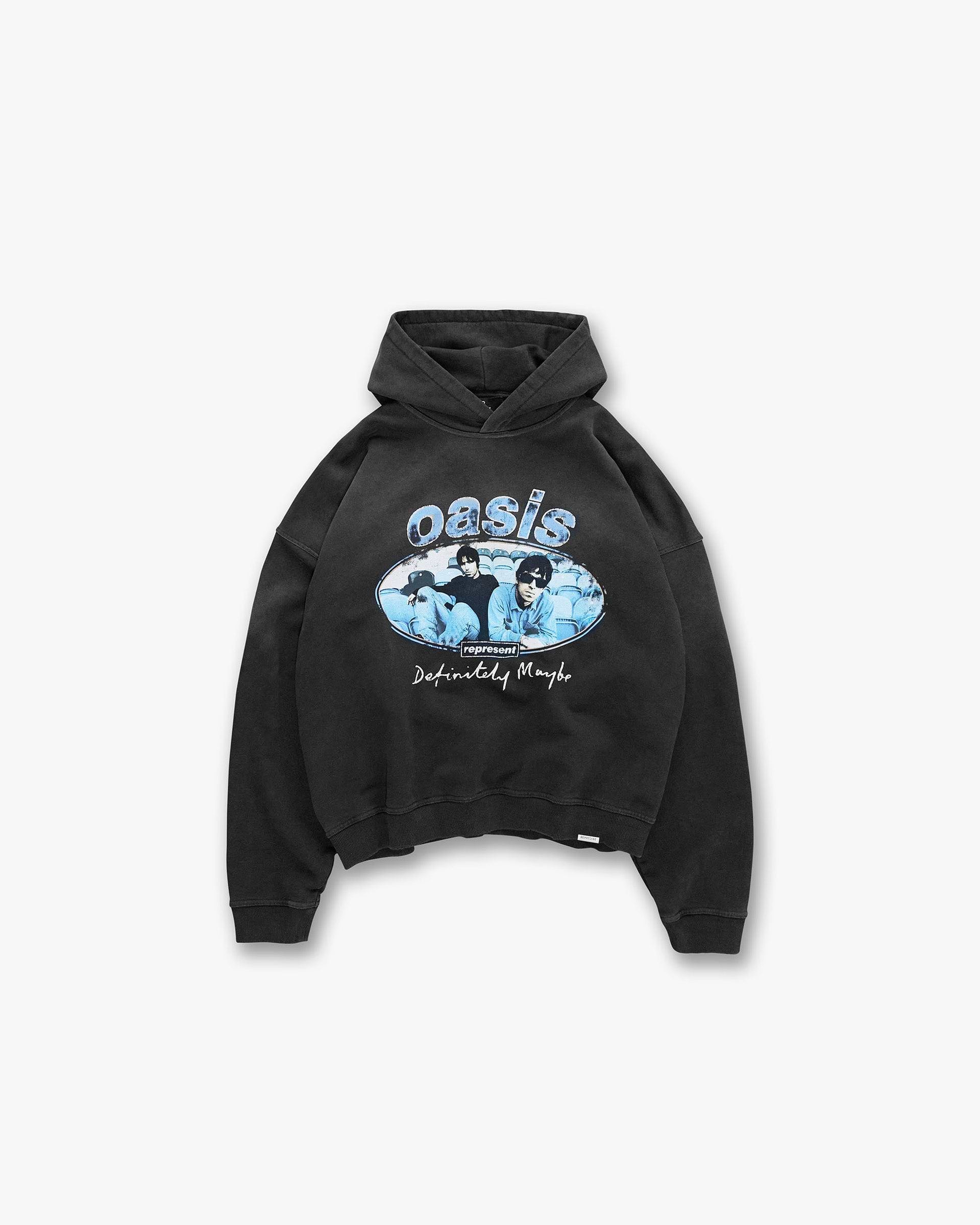 Front product image of a mens black hoodie on a plain white background | Represent X Oasis Maine Road Hoodie in Washed Black | Hoodie with Represent branding | FW24 Hoodies | Represent Clo