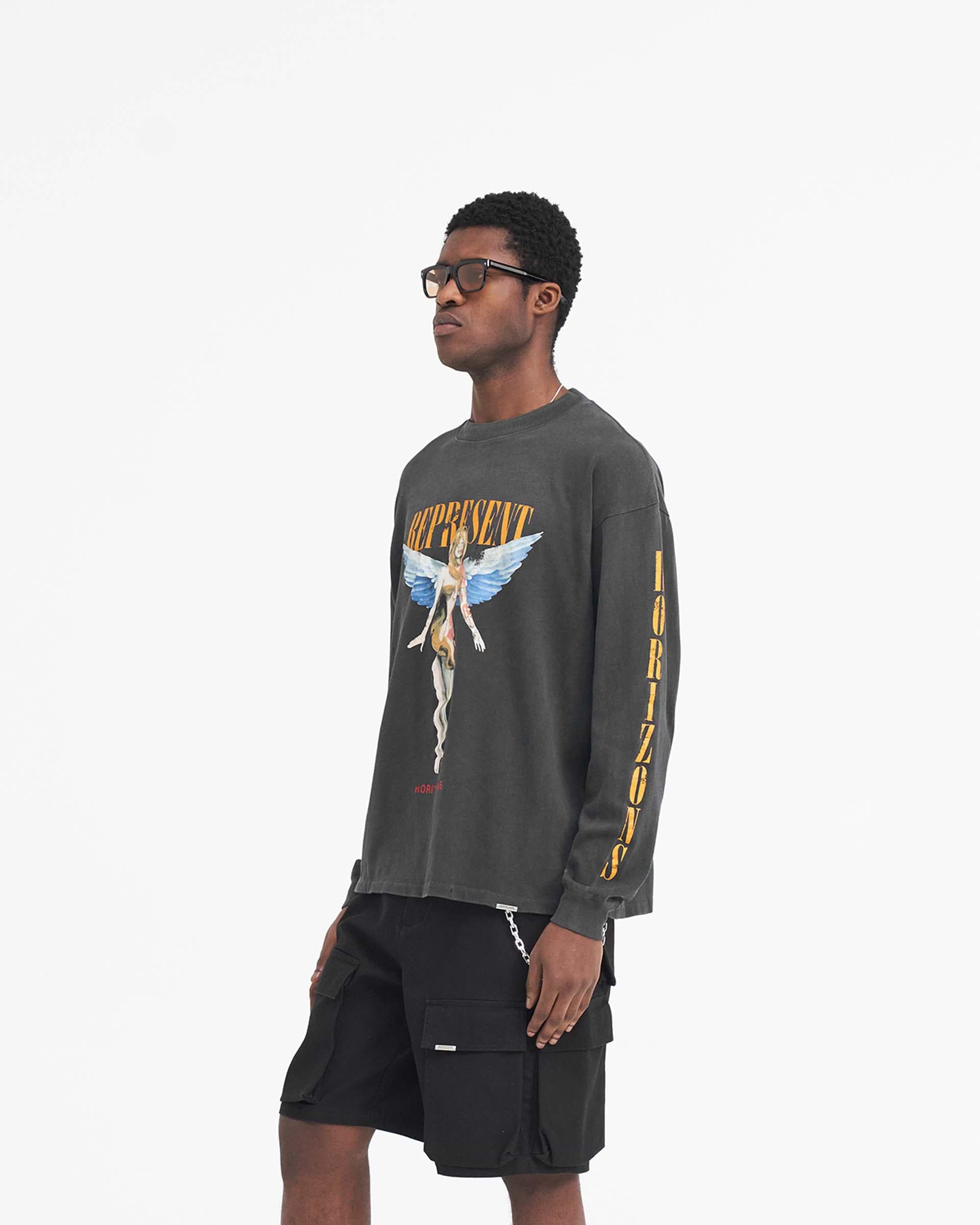Back product image of a mens black long sleeve t-shirt on a plain white background | Reborn Long Sleeve T-Shirt in Aged Black | Oversized fit with ribbed cuffs and cracked graphic | SS24 T-Shirts | Represent Clo