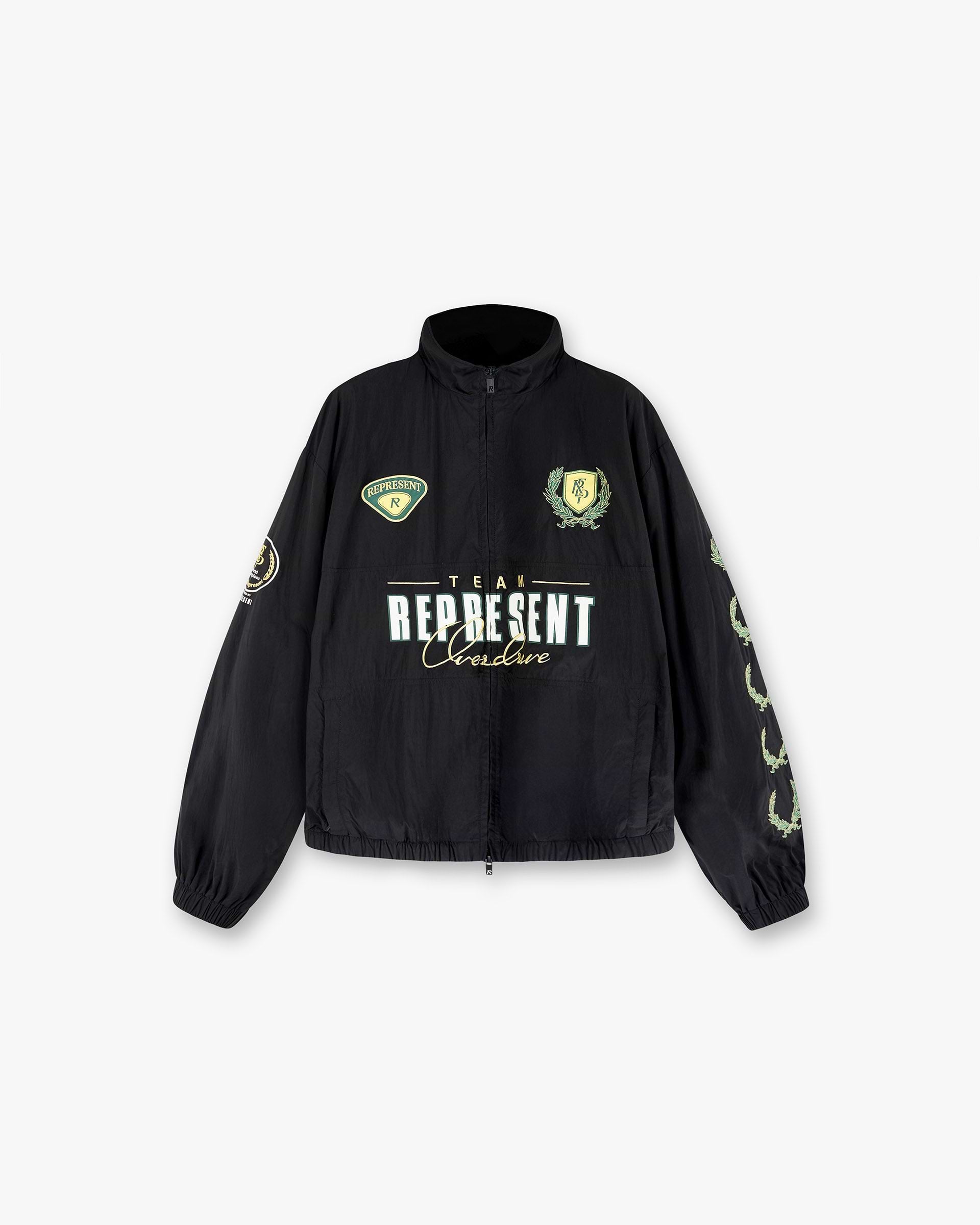 Front product image of a mens black track jacket on a plain white background | World Championship Track Jacket in Black | Lightweight track jacket with zip front | SS25 Outerwear | Represent Clo