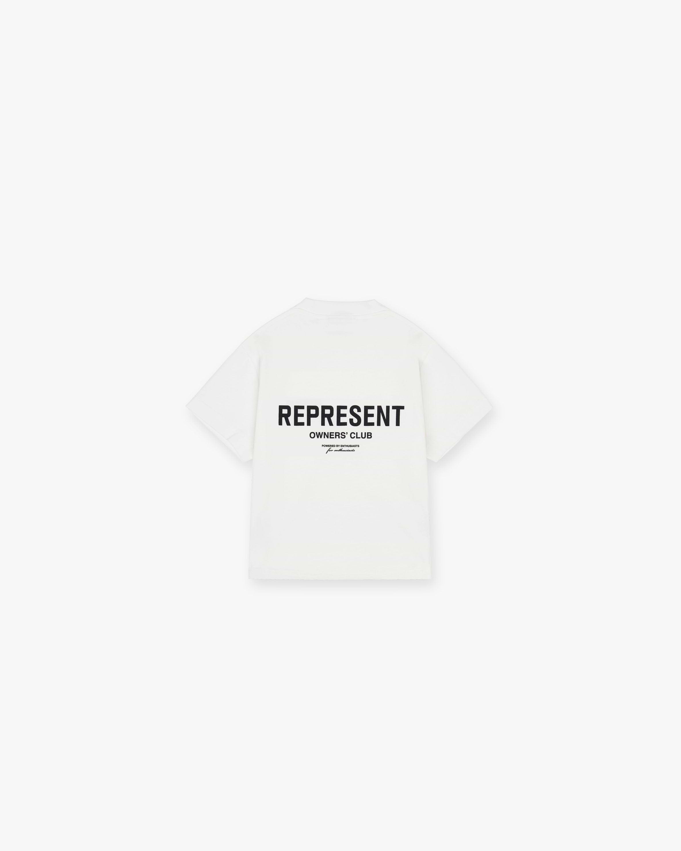 Front product image of a kids white t-shirt on a plain white background | Represent Mini Owners Club T-Shirt in Flat White | Children's slightly oversized t-shirt | Owners Club T-Shirts | Represent Clo
