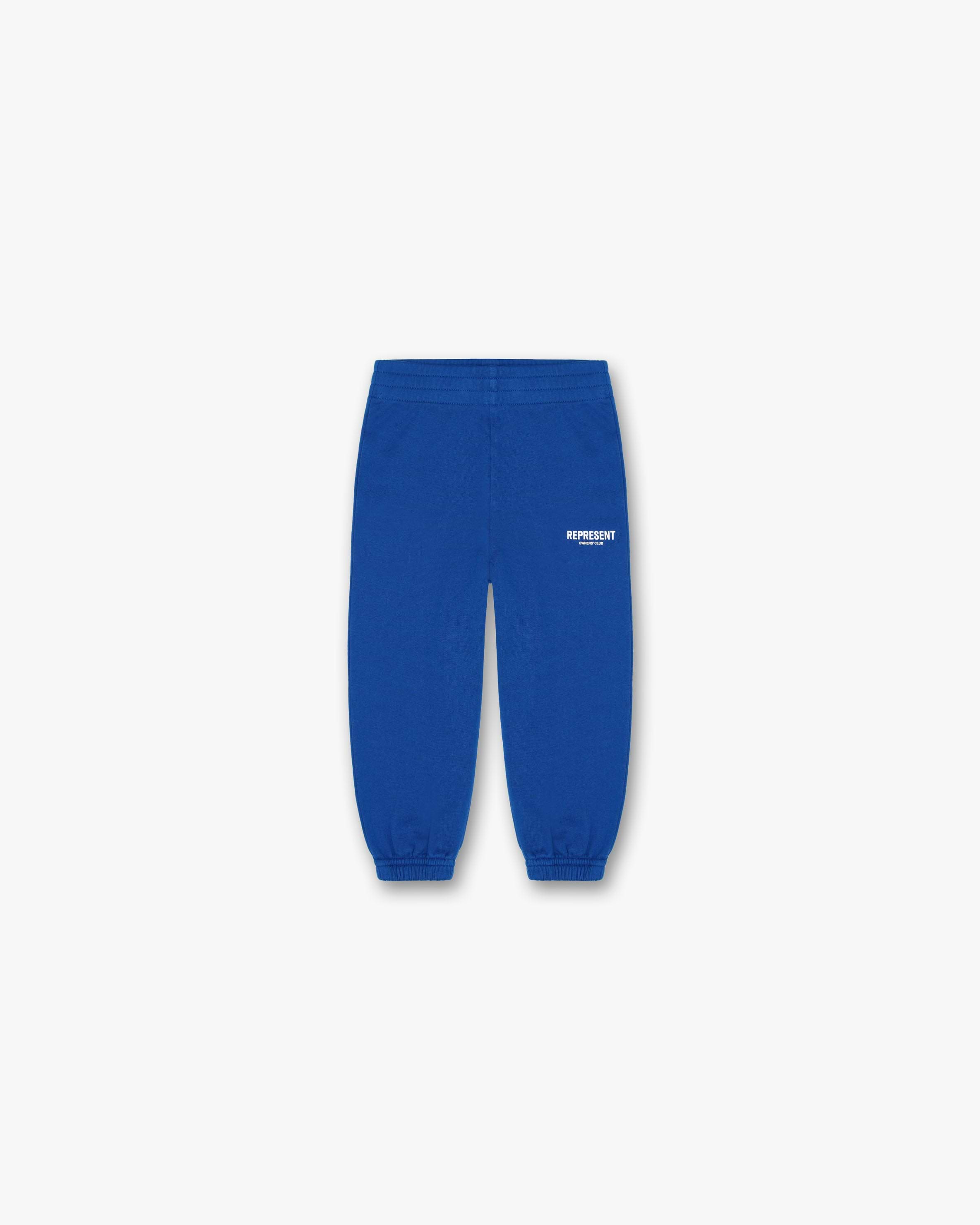Front product image of a childs blue sweatpants on a plain white background | Represent Mini Owners Club Sweatpants in Cobalt | Kids sweatpants with comfortable fit | Owners Club Pants | Represent Clo