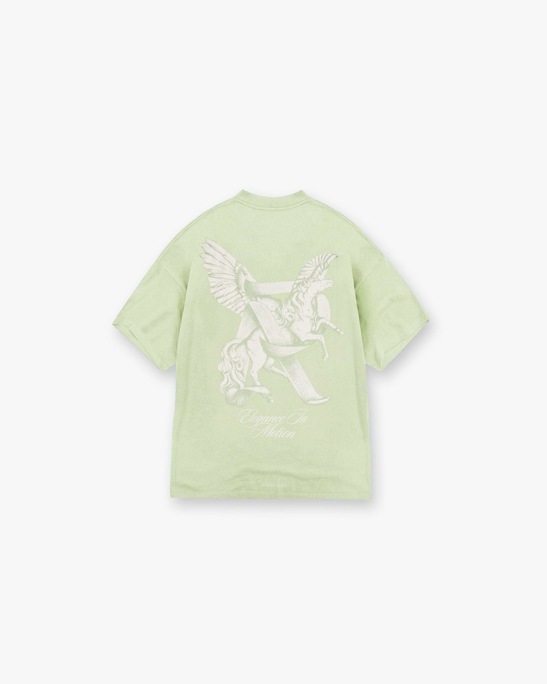 Back product image of a mens green t-shirt on a plain white background | Elegance In Motion T-Shirt in Matcha | Slightly oversized t-shirt with graphic | SS25 T-Shirts | Represent Clo