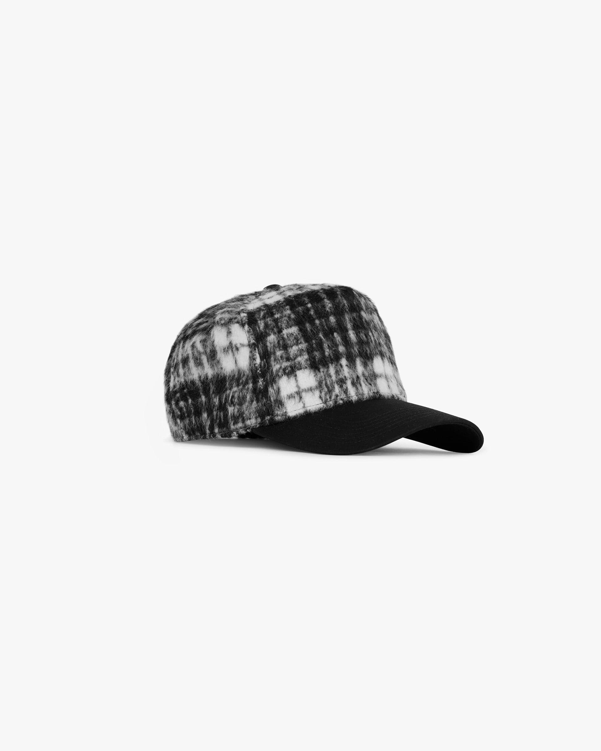 Front product image of a mens black and white trucker cap on a plain white background | Check Initial Trucker Cap in Jet Black White | Distinct embroidered branding | PRE SS25 Accessories | Represent Clo