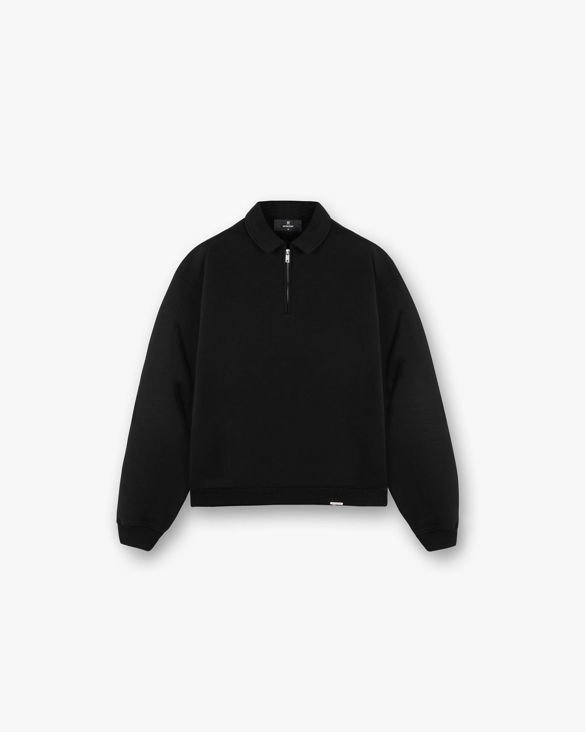 Front product image of a mens black quarter zip sweater on a plain white background | Initial Boxy Quarter Zip in Black | Boxy fit sweater with quarter zip closure | Initial Sweaters | Represent Clo