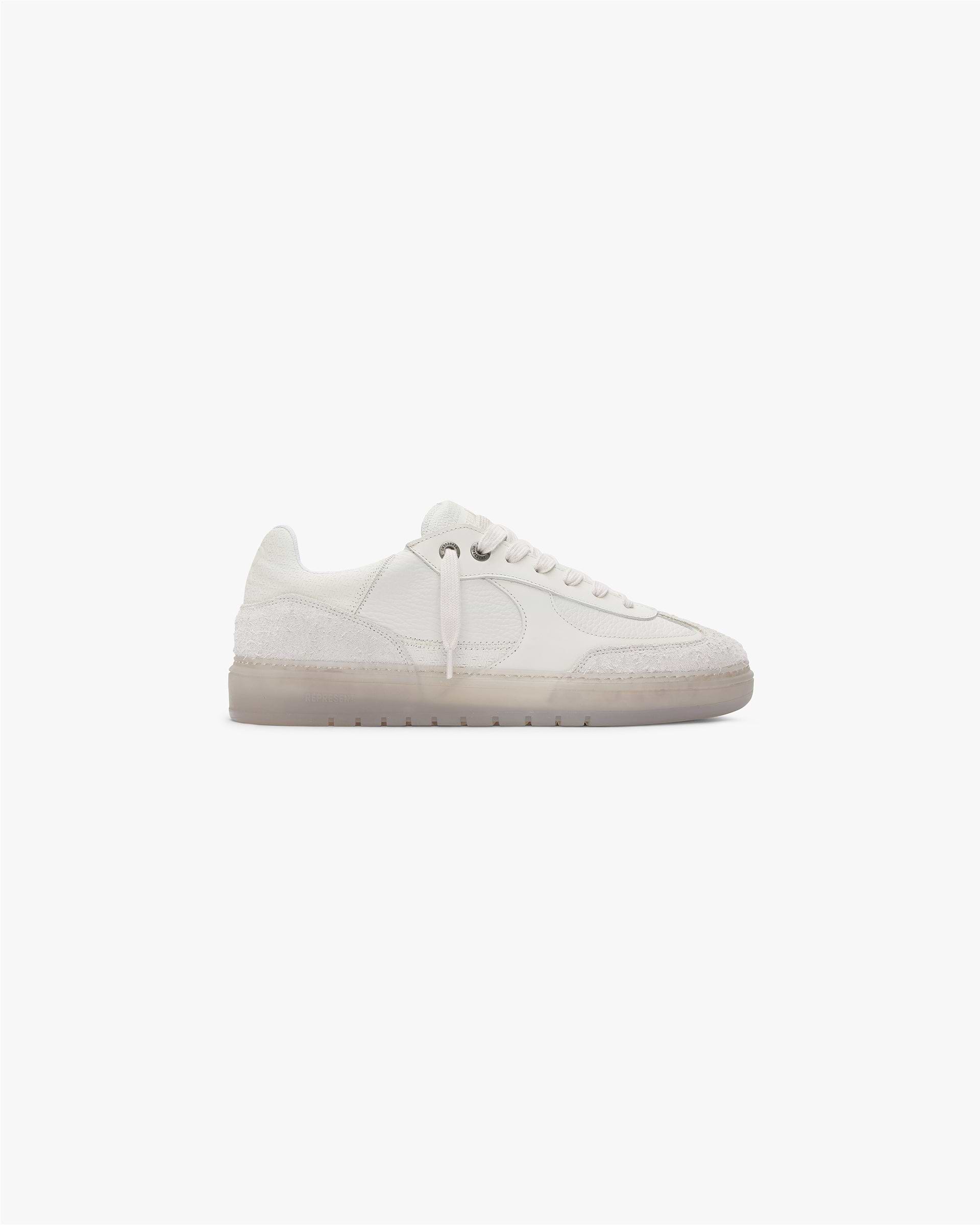 Front product image of mens white footwear on a plain white background | Virtus in Vintage White | Footwear with refined design and embroidered logo | FW23 Other | Represent Clo