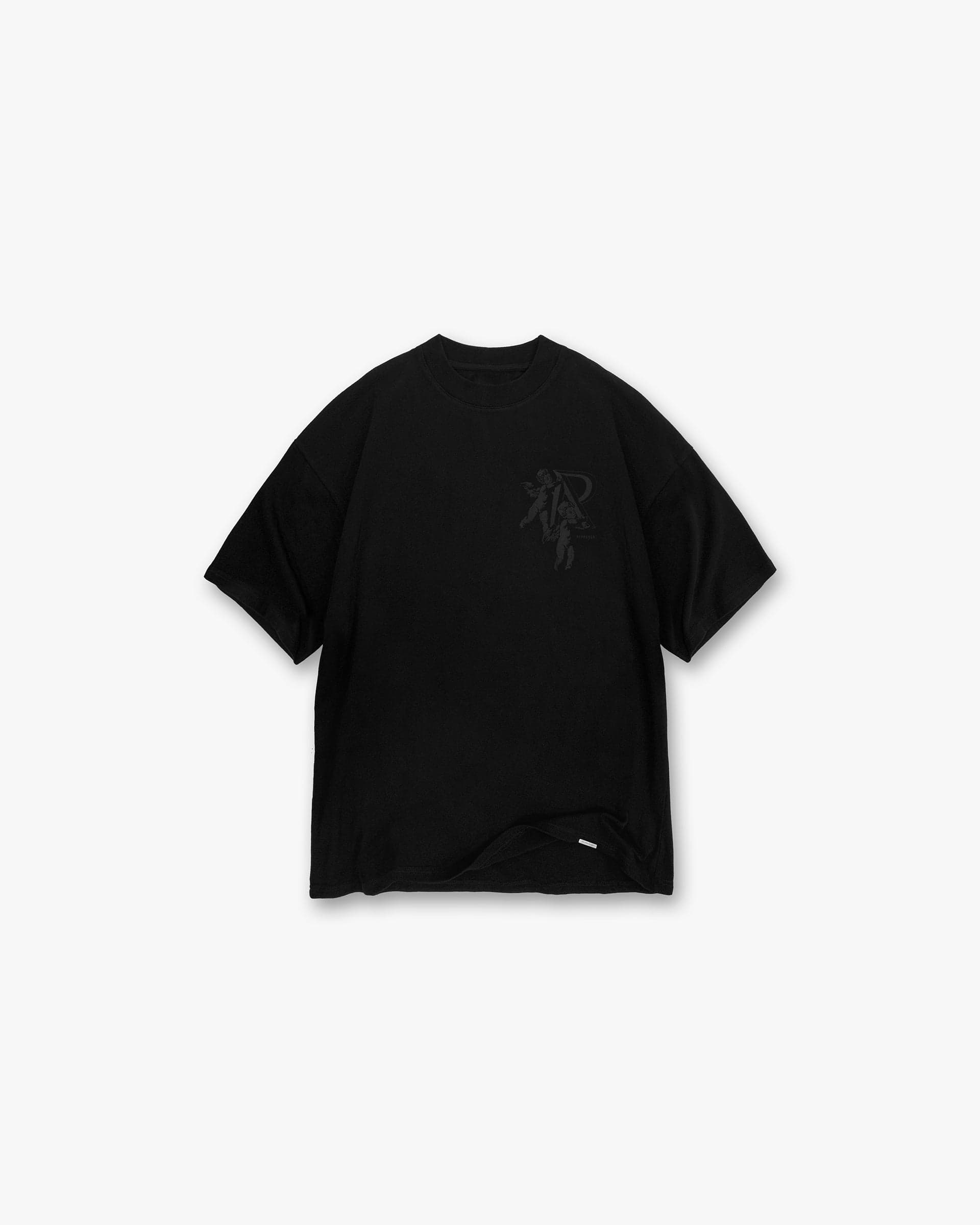 Front product image of a mens black t-shirt on a plain white background | Cherub Initial T-Shirt in Black | Classic fit mens t-shirt | FW23 T-Shirts | Represent Clo