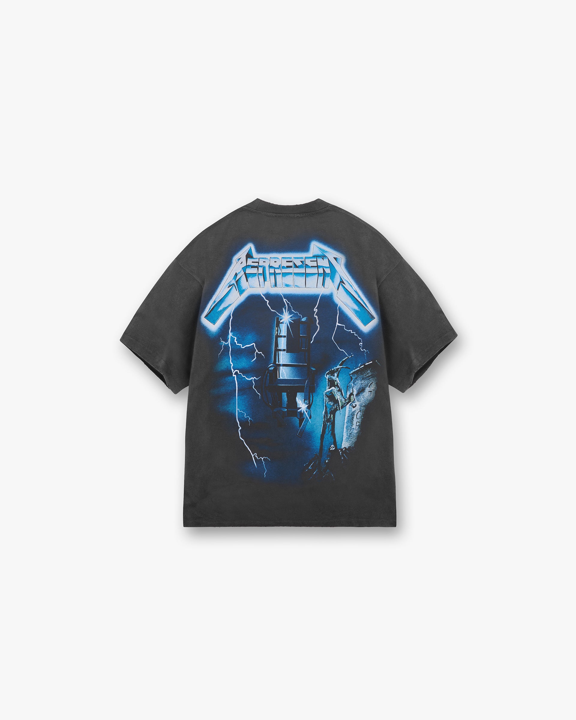 Back product image of a mens grey t-shirt on a plain white background | Represent X Metallica Ride The Lightning T-Shirt in Vintage Grey | T-Shirt with jumbo print application | SS24 T-Shirts | Represent Clo