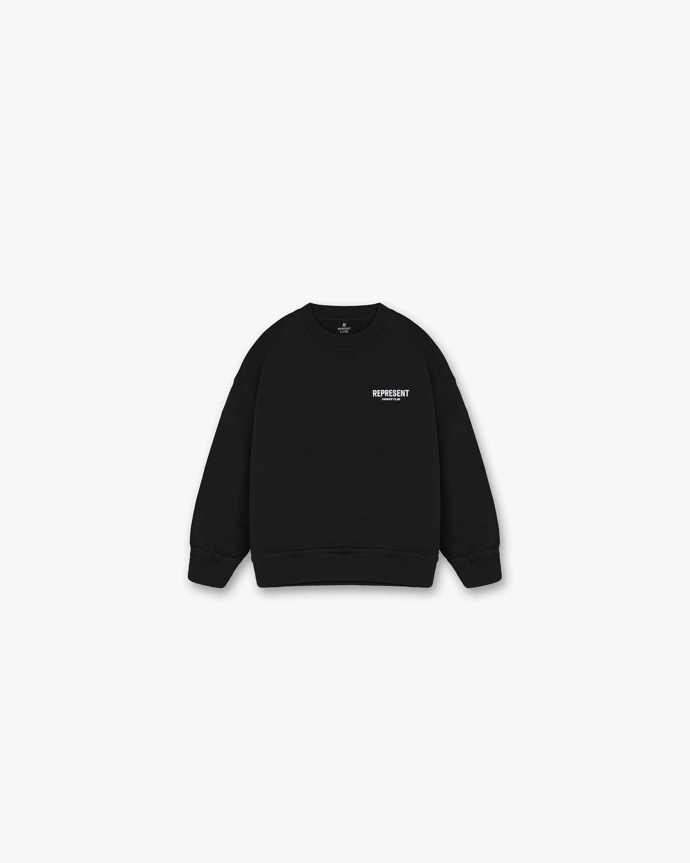 Back product image of a kids black sweater on a plain white background | Represent Mini Owners Club Sweater in Black | Slightly oversized kids sweater with screen printed graphic | Mini Owners Club Sweaters | Represent Clo