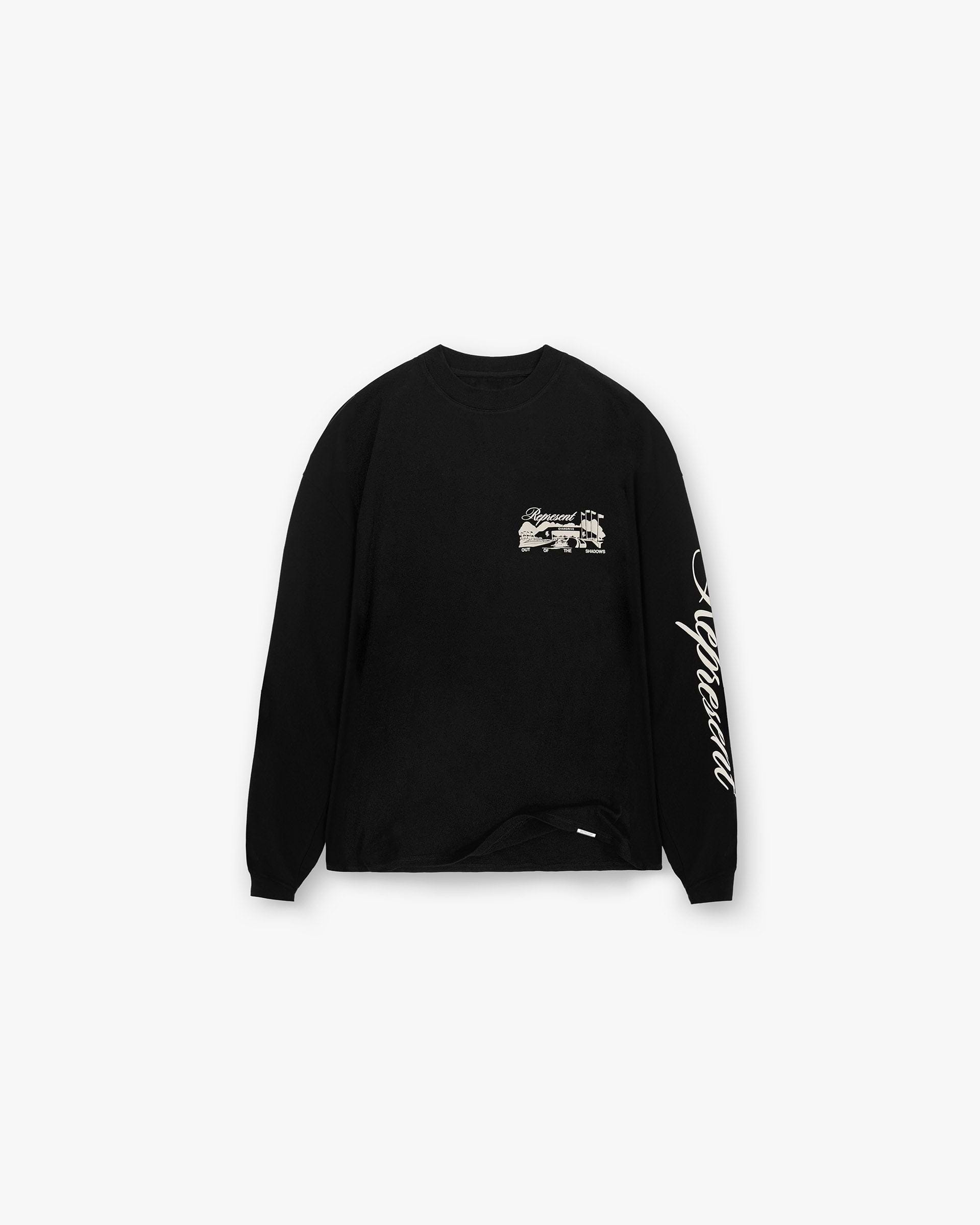 Front product image of a mens black long sleeve t-shirt on a plain white background | Raceway Long Sleeve T-Shirt in Jet Black | Long sleeve t-shirt with refined silhouette | SS25 T-Shirts | Represent Clo