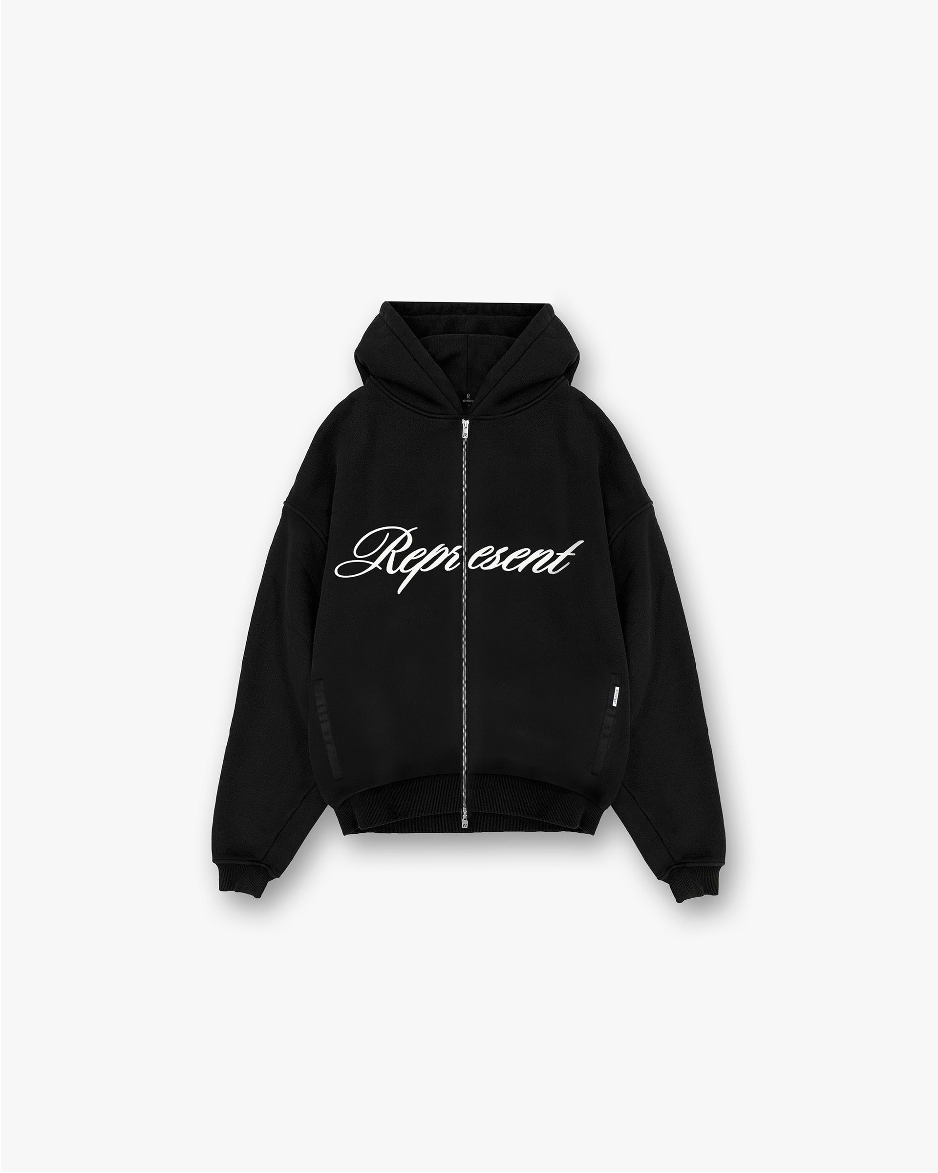 Front product image of a mens black hoodie on a plain white background | Script Logo Zip Hoodie in Black | Hoodie with zip closure and script logo | PRE SS25 Hoodies | Represent Clo