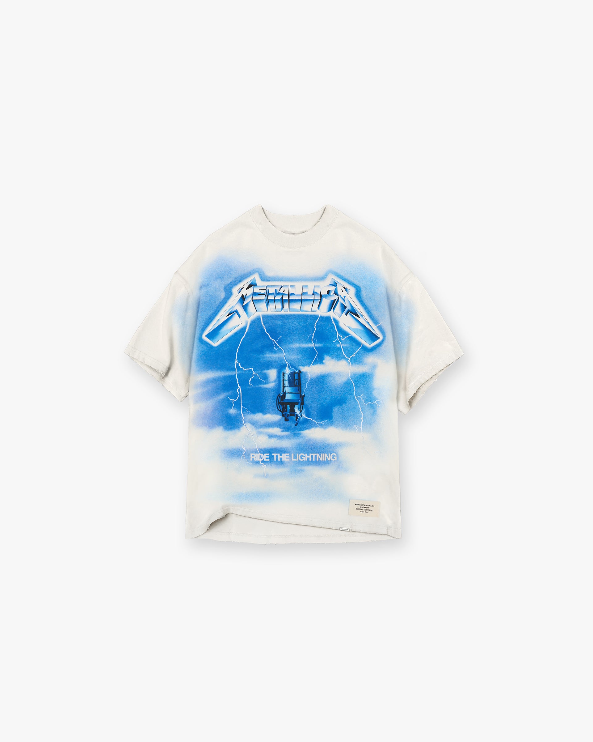 Front product image of a mens white t-shirt on a plain white background | Represent X Metallica Ride The Lightning T-Shirt in Flat White | Collaboration graphic t-shirt | SS24 T-Shirts | Represent Clo
