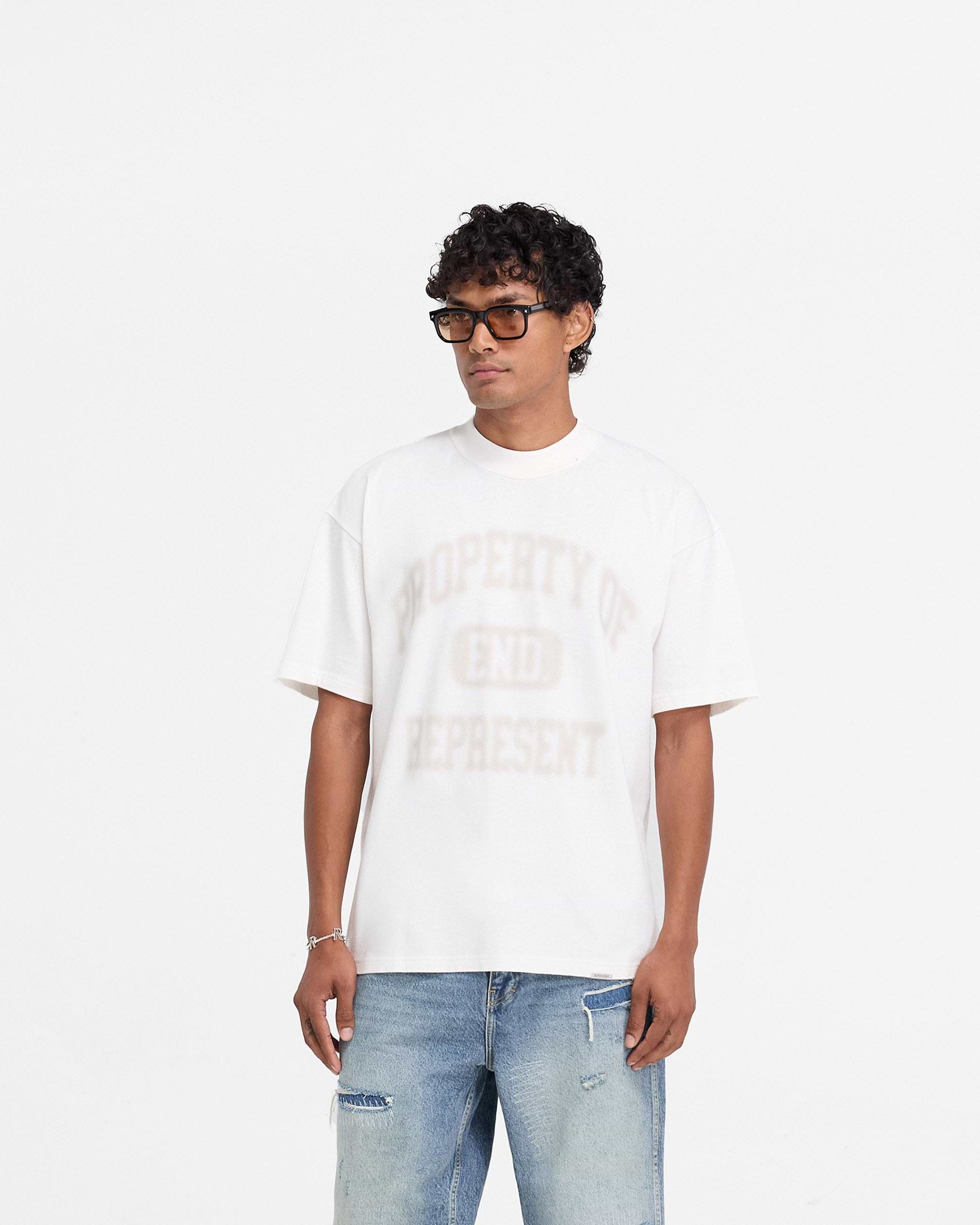 Back product image of a mens white t-shirt on a plain white background | Represent X End Property Of T-Shirt in Flat White | Oversized fit ghost print t-shirt | Exclusives T-Shirts | Represent Clo