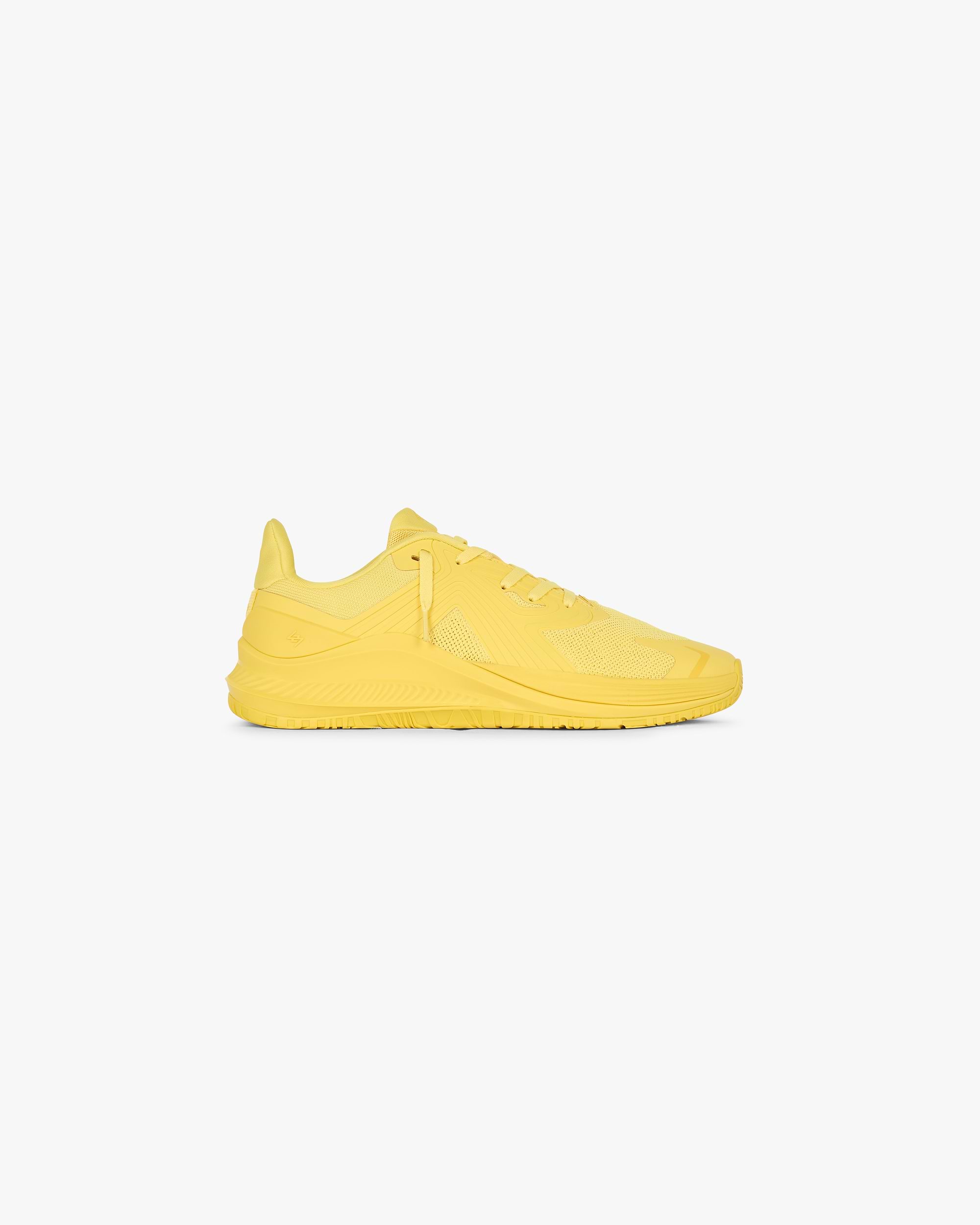 Front product image of a mens yellow trainer on a plain white background | 247 Arc-2 Trainer in Yellow | Sleek footwear design | 247 Footwear | Represent Clo