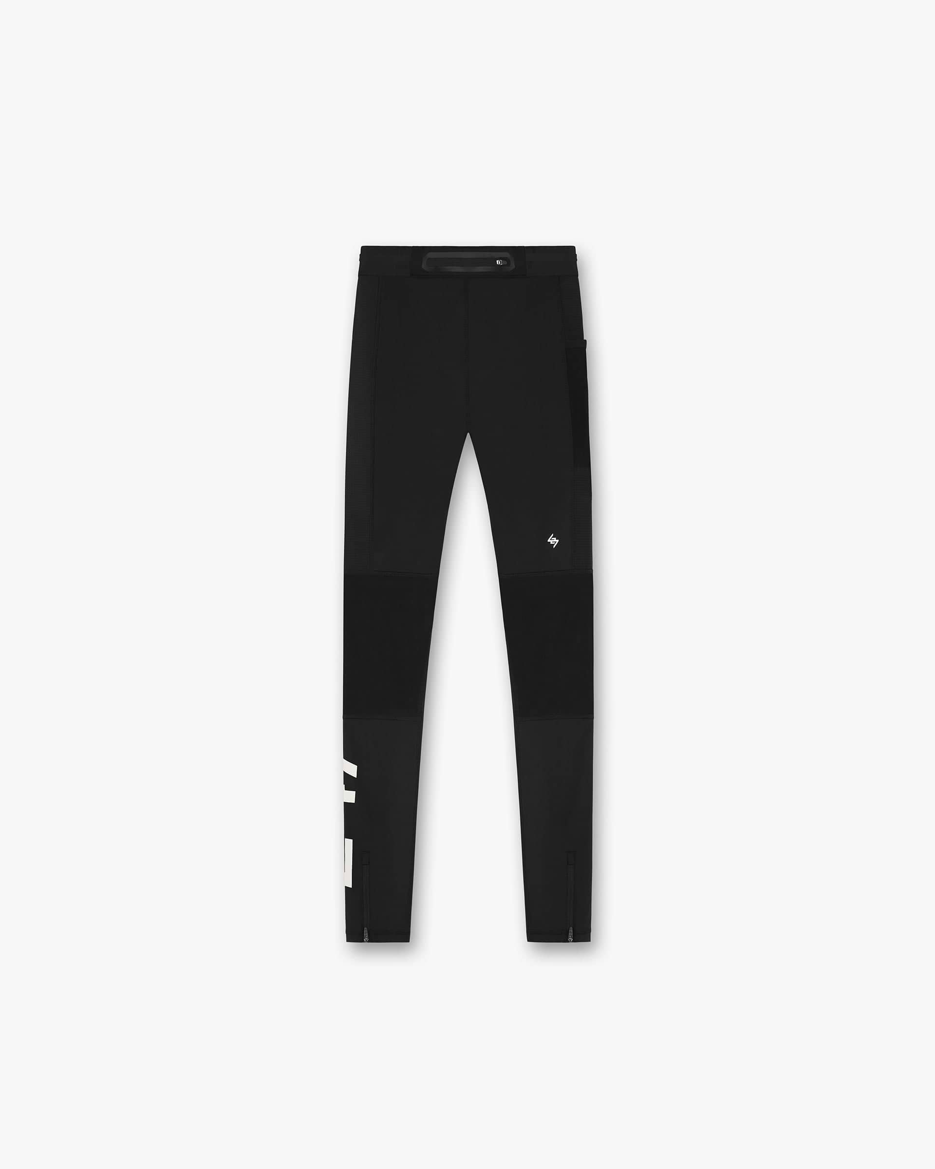 Back product image of mens black tights on a plain white background | 247 Run Tight in Jet Black | Running tights with mesh panels and zip pockets | 247 Pants | Represent Clo
