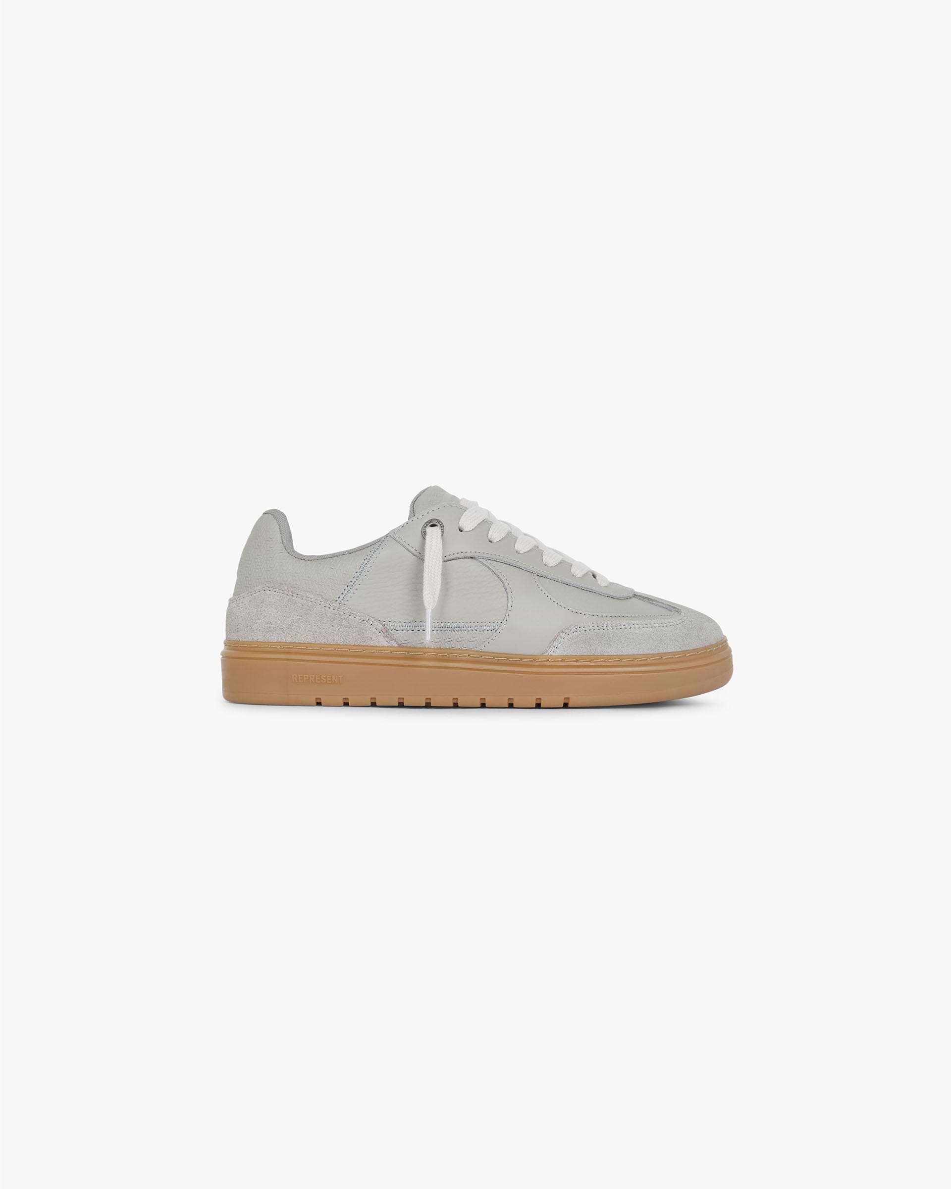Front product image of mens dark grey footwear on a plain white background | Virtus in Dark Grey | Luxury medium weight cotton t-shirt with ribbed crewneck | FW24 Footwear | Represent Clo