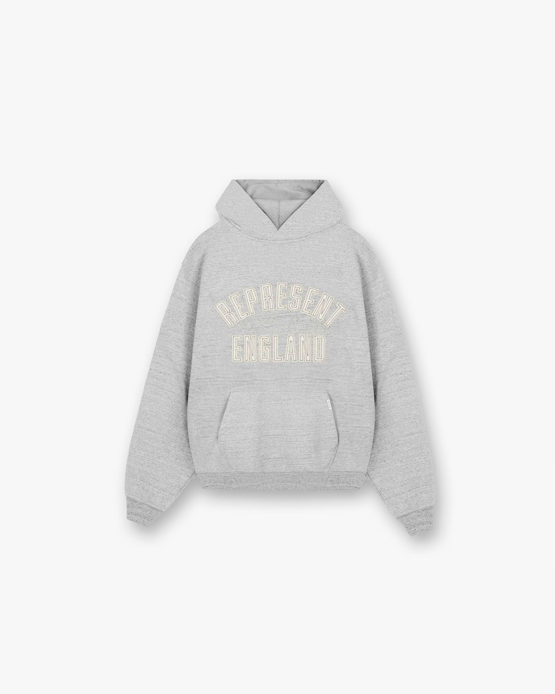 Front product image of a mens grey hoodie on a plain white background | England Applique Hoodie in Grey Marl | Hoodie with applique detailing | PRE SS25 Hoodies | Represent Clo