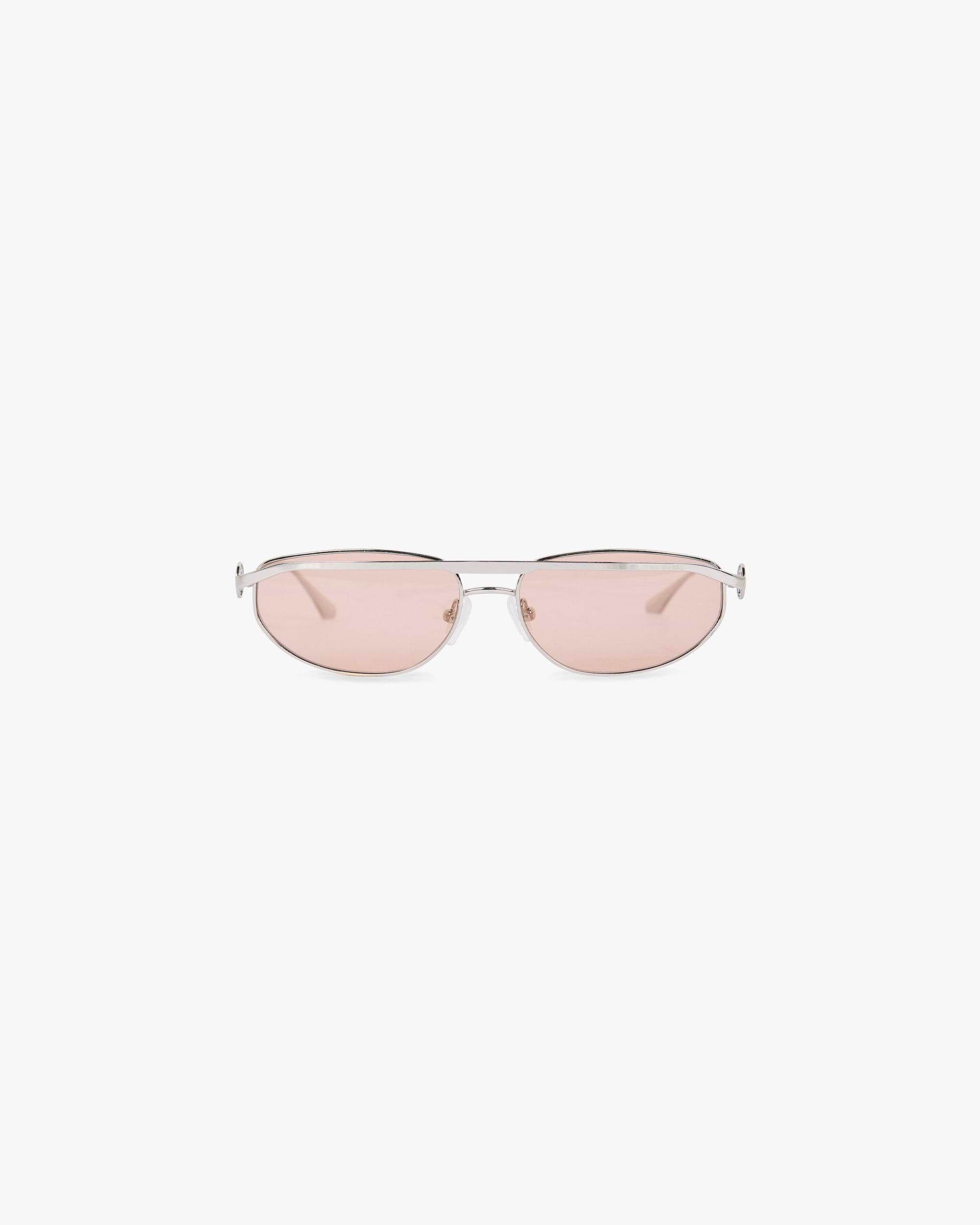 Front product image of mens silver and brown sunglasses on a plain white background | Slim Aviator Sunglasses in Silver Brown | Stylish aviator sunglasses with slim metal frame | SS25 Accessories | Represent Clo