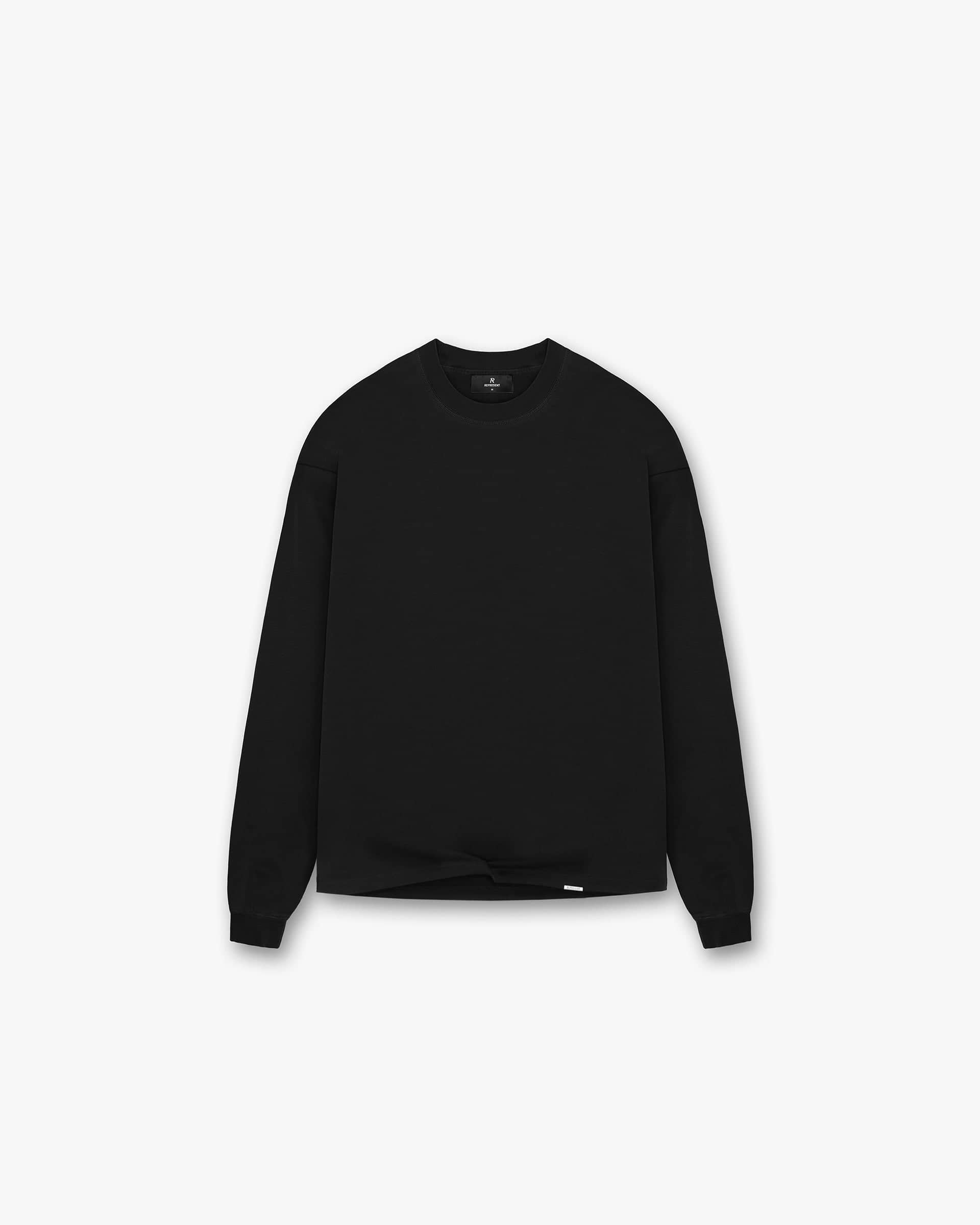 Front product image of a mens black long sleeve t-shirt on a plain white background | Initial Long Sleeve T-Shirt in Black | Round neckline t-shirt | Initial T-Shirts | Represent Clo