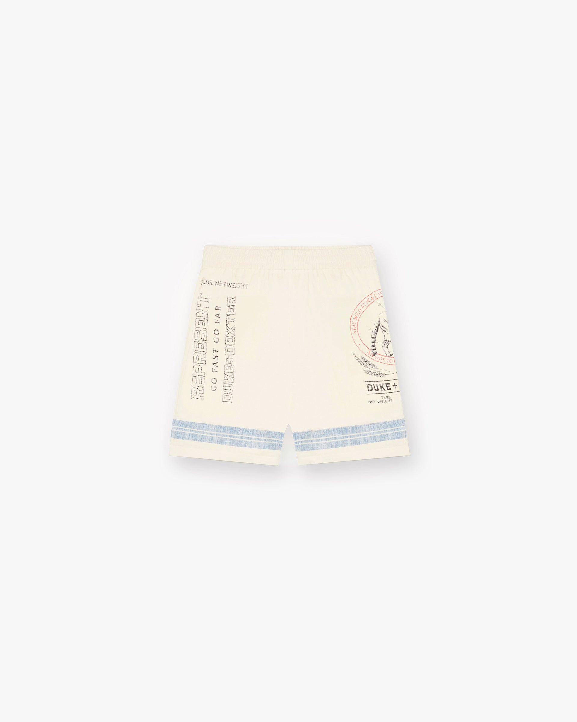 Back product image of mens ecru shorts on a plain white background | Represent X Duke + Dexter Mountain Lion Resort Short in Ecru | Lightweight summer shorts with elasticated waistband | Exclusive Shorts | Represent Clo
