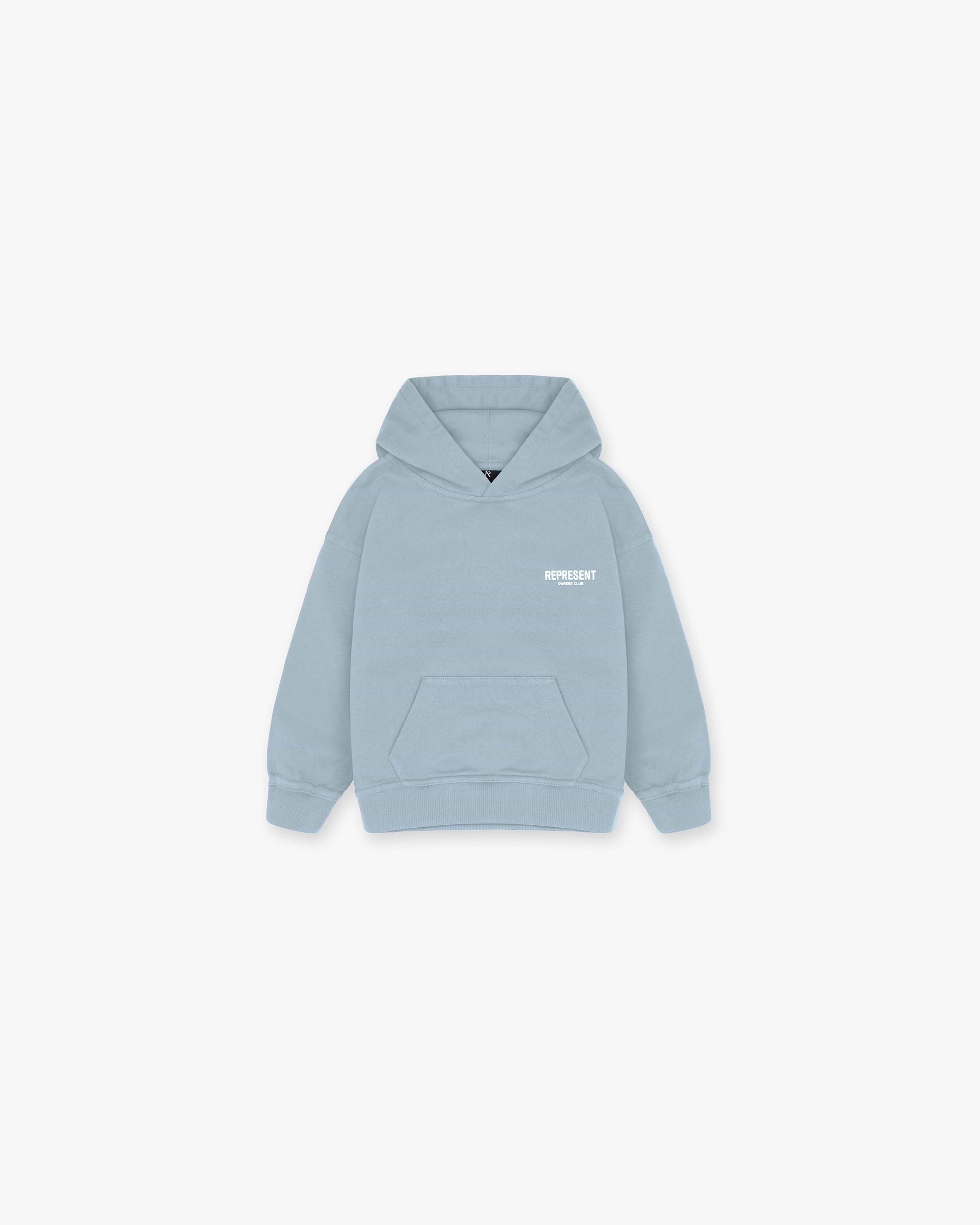Back product image of a childs blue hoodie on a plain white background | Mini Owners Club Hoodie in Powder Blue | Kids oversized graphic hoodie with branding | Owners Club Hoodies | Represent Clo