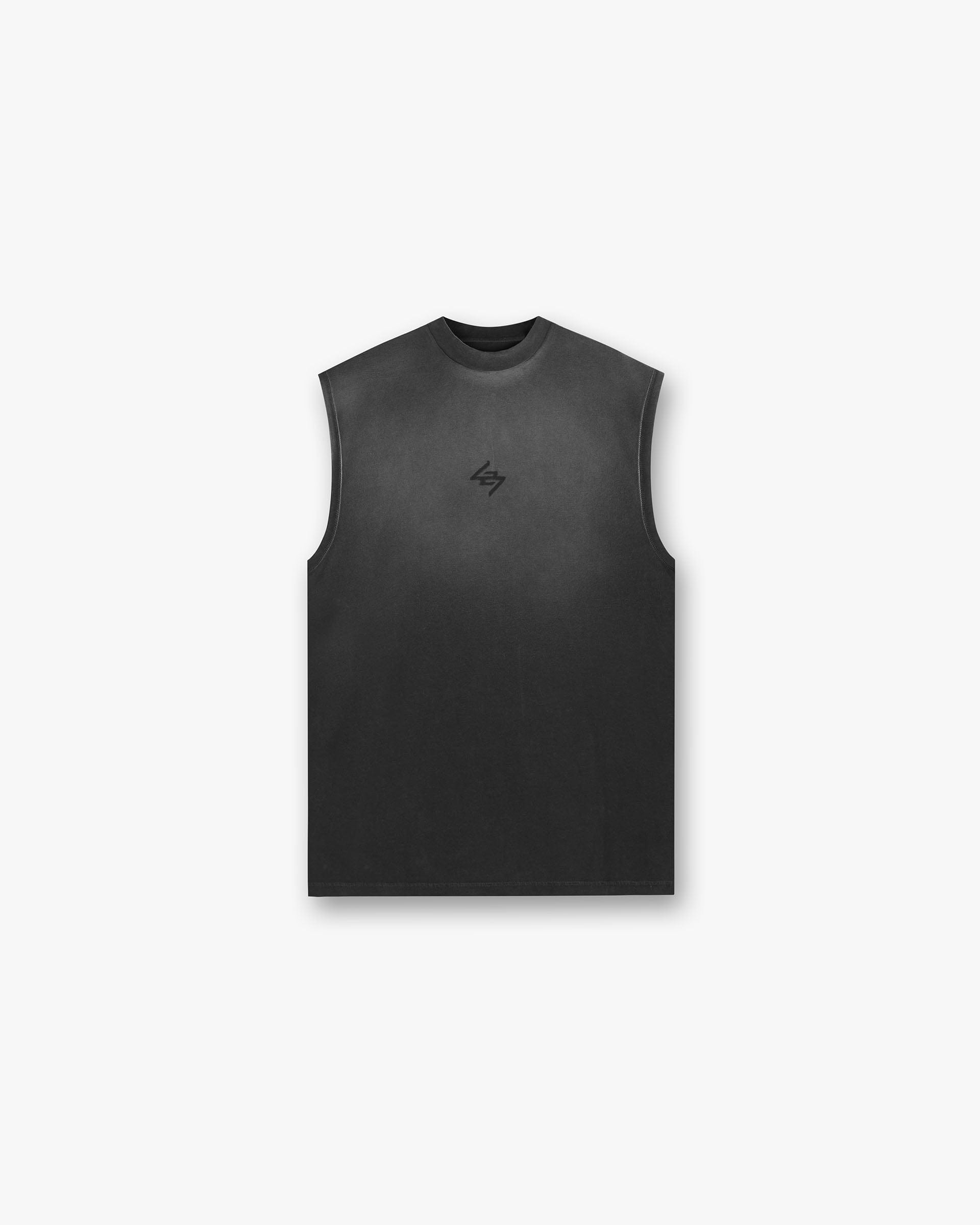 Back product image of a mens black tank on a plain white background | 247 Motion Oversized Tank in Aged Black | Oversized tank with water based graphic print and fade out wash | 247 T-Shirts | Represent Clo