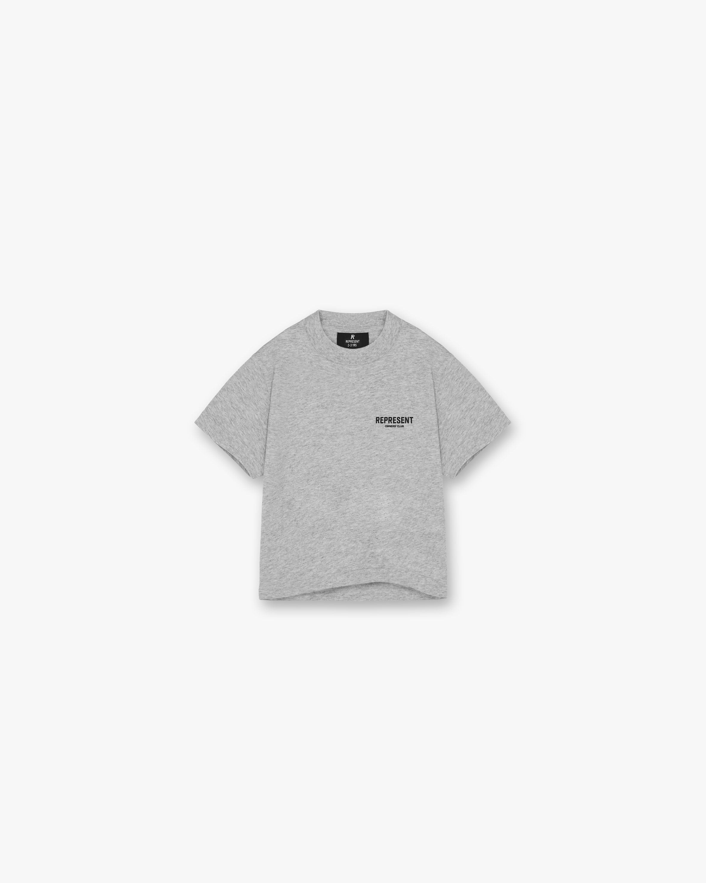 Back product image of a kids grey t-shirt on a plain white background | Represent Mini Owners Club T-Shirt in Ash Grey | Oversized kids graphic t-shirt with screen printed branding | Owners Club T-Shirts | Represent Clo