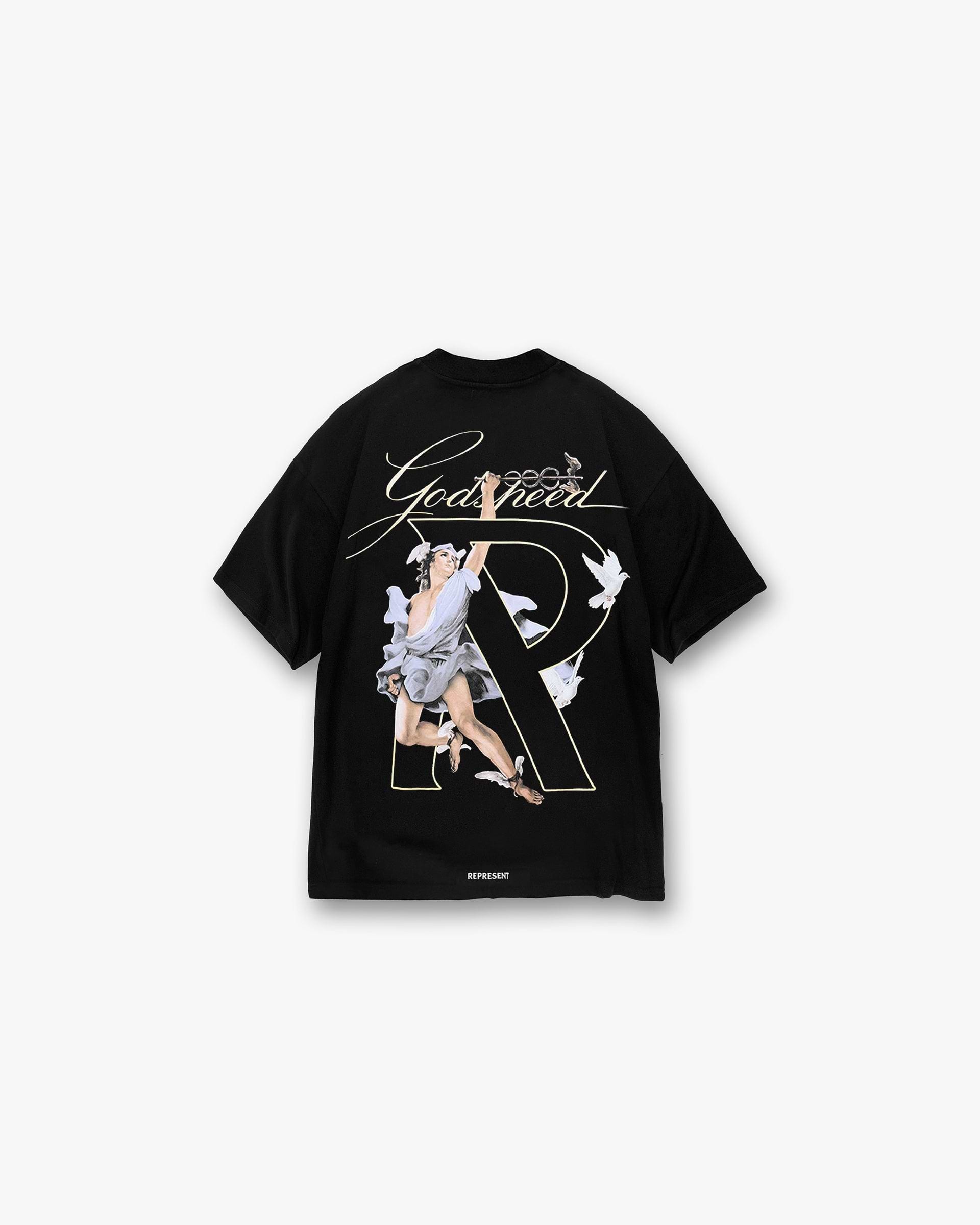 Back product image of a mens black t-shirt on a plain white background | Hermes T-Shirt in Jet Black | Oversized t-shirt with high density screen print graphic | FW24 T-Shirts | Represent Clo