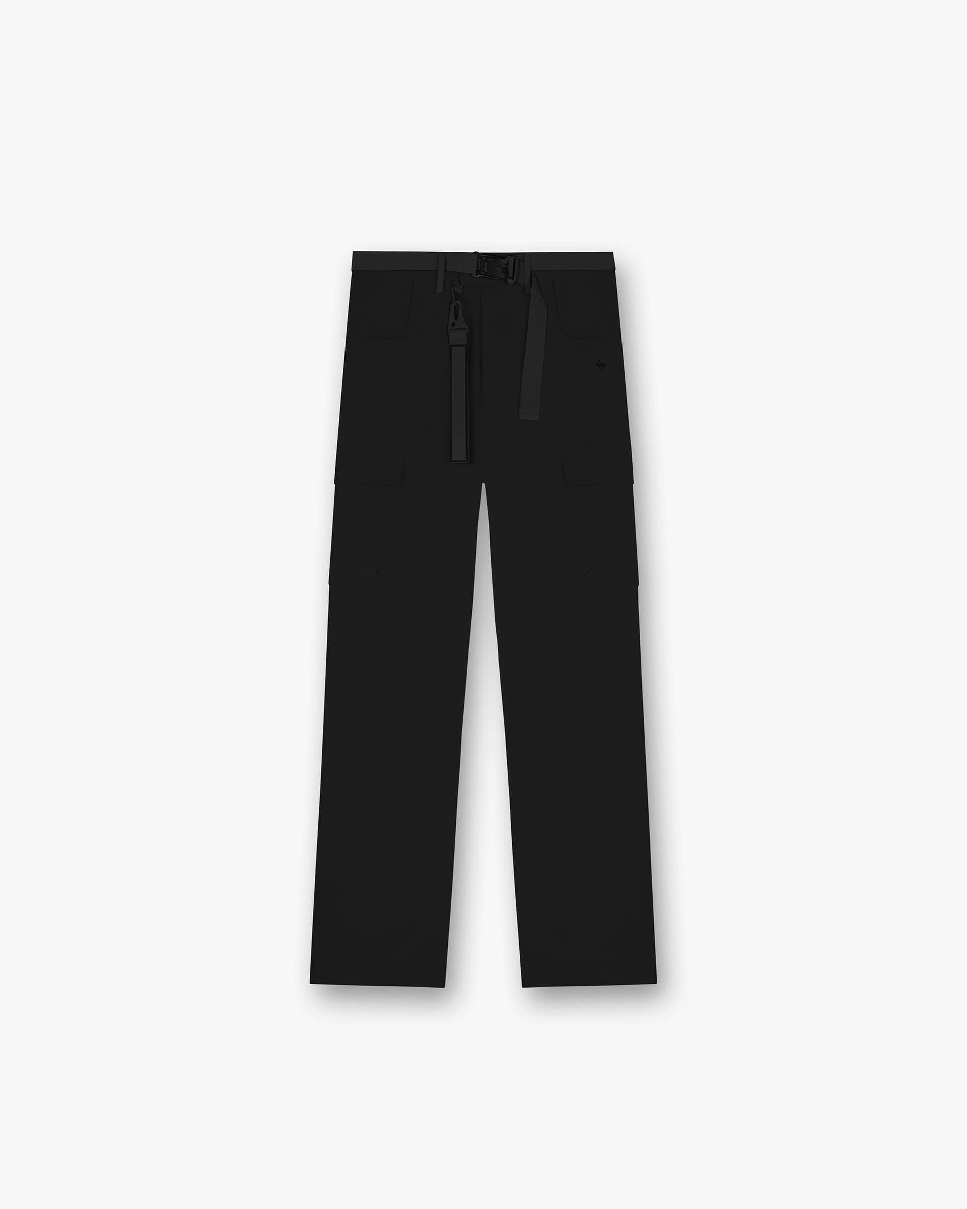 Front product image of mens black cargo pants on a plain white background | 247 Technical Cargo Pant in Black | Cargo pants with technical design elements | 247 Pants | Represent Clo