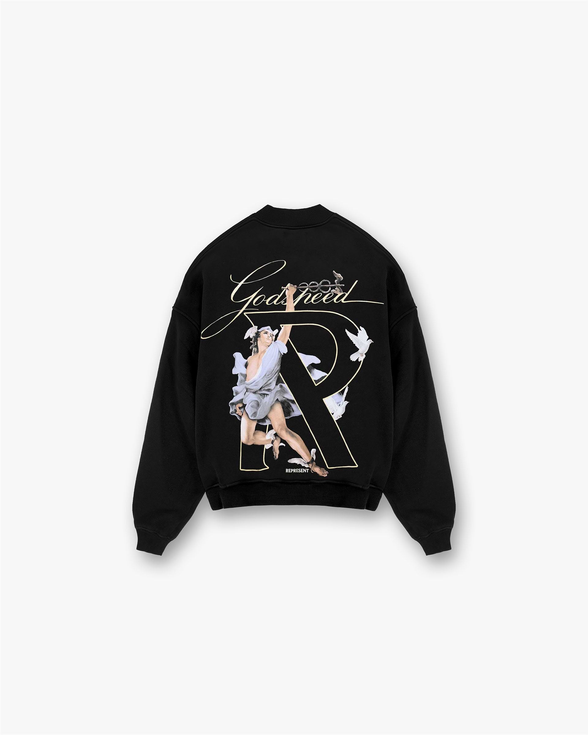 Back product image of a mens black sweater on a plain white background | Hermes Sweater in Jet Black | Oversized sweater with screen print graphics and metal bar logo | FW24 Sweaters | Represent Clo