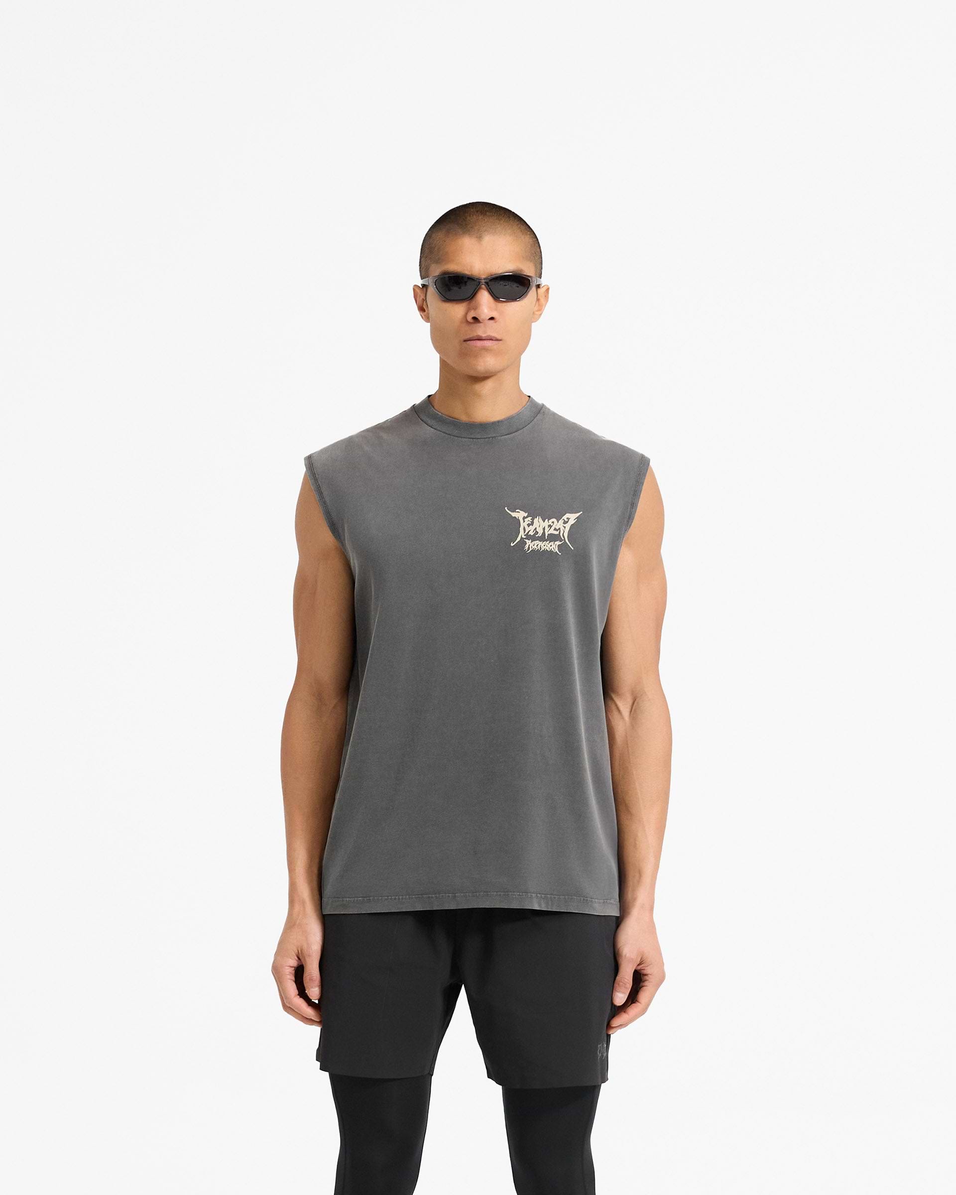Man wearing a washed grey tank on a plain white background | Team 247 X END Oversized Tank in Washed Grey | Oversized tank with co-branded graphics | 247 T-Shirts | Represent Clo