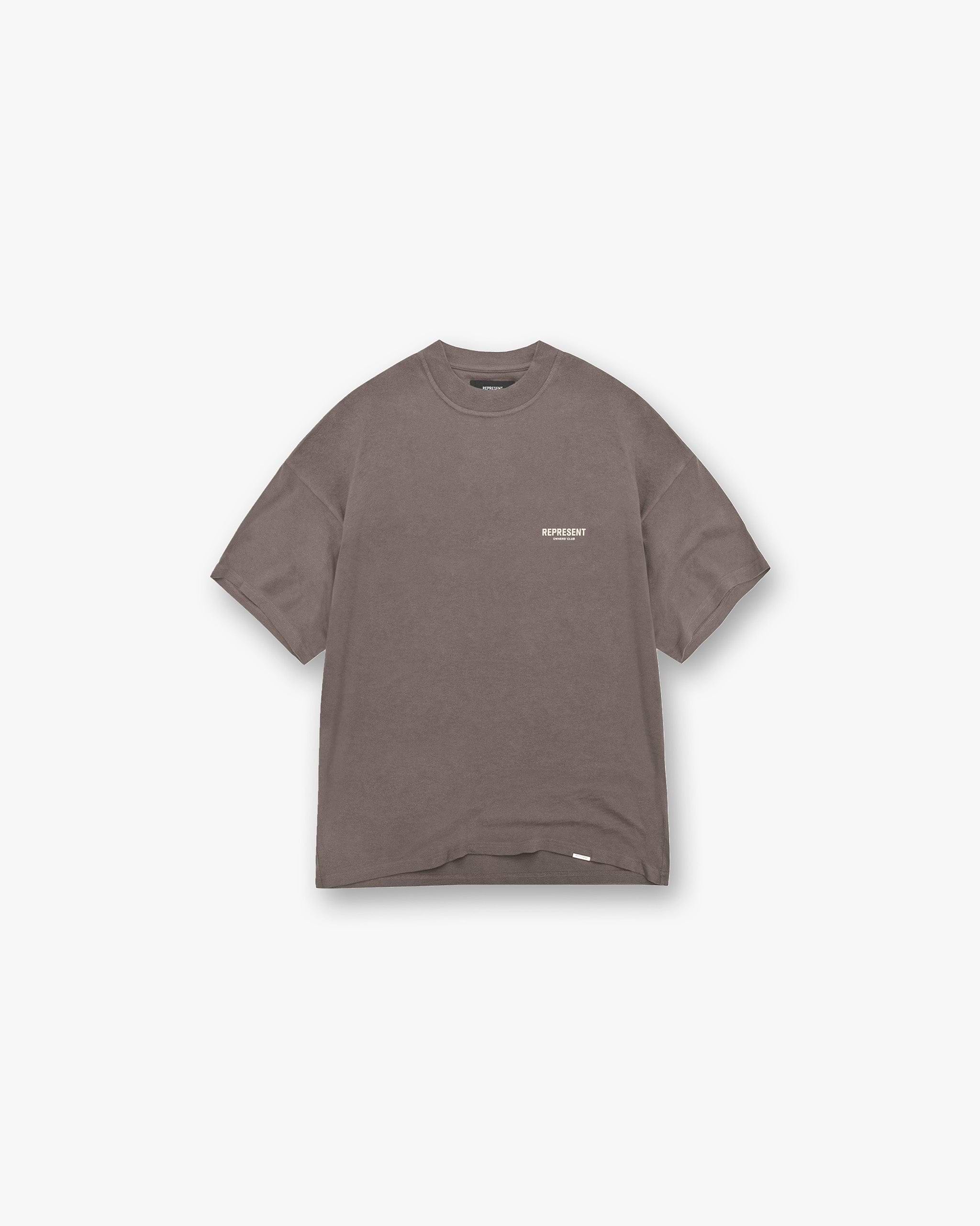 Back product image of a mens grey t-shirt on a plain white background | Represent Owners Club T Shirt in Fog | Oversized t-shirt with ribbed crewneck | Owners Club T-Shirts | Represent Clo