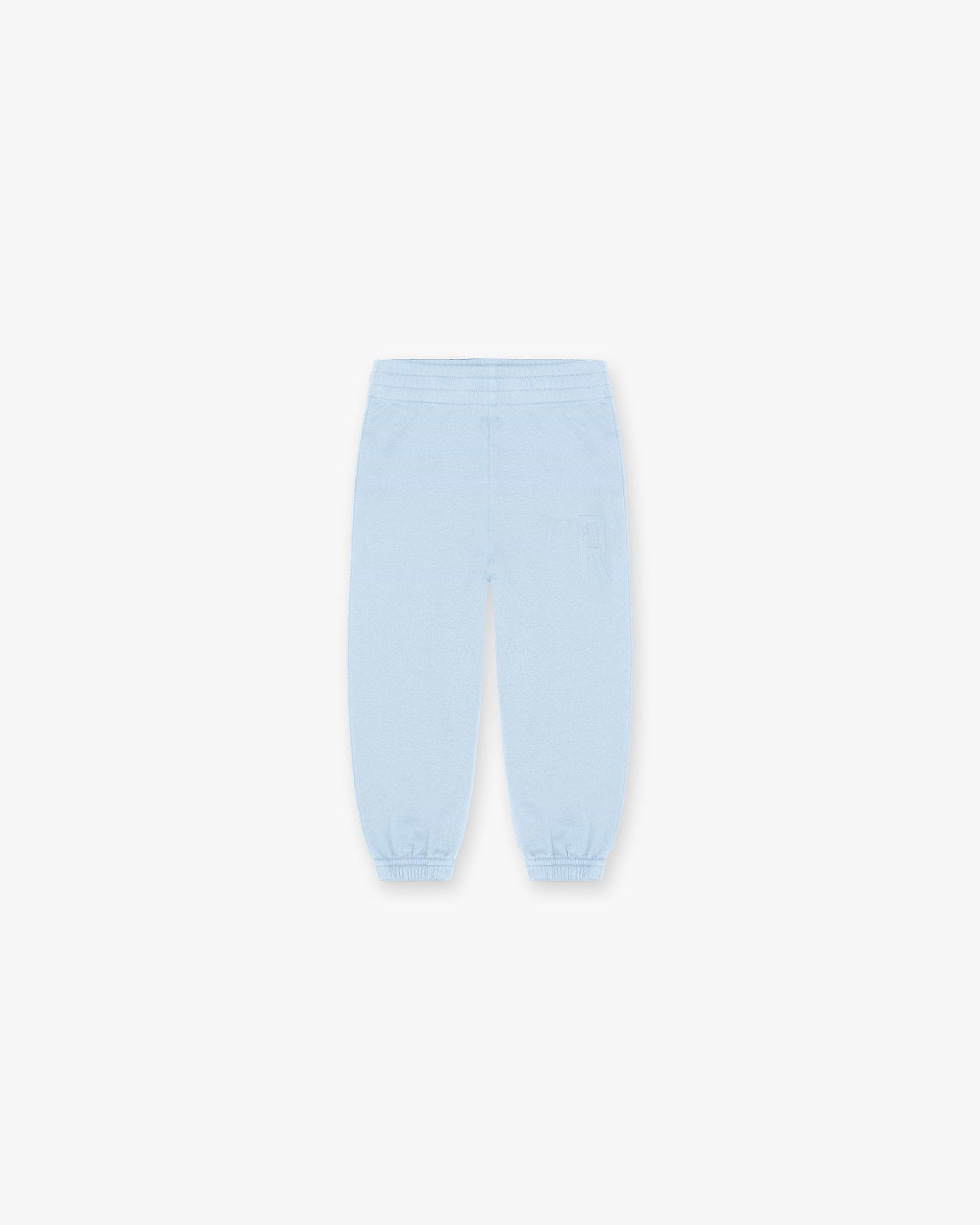 Front product image of mens blue sweatpants on a plain white background | Mini Rep Applique Sweatpants in Powder Blue | Sweatpants with applique detail | FW24 Pants | Represent Clo