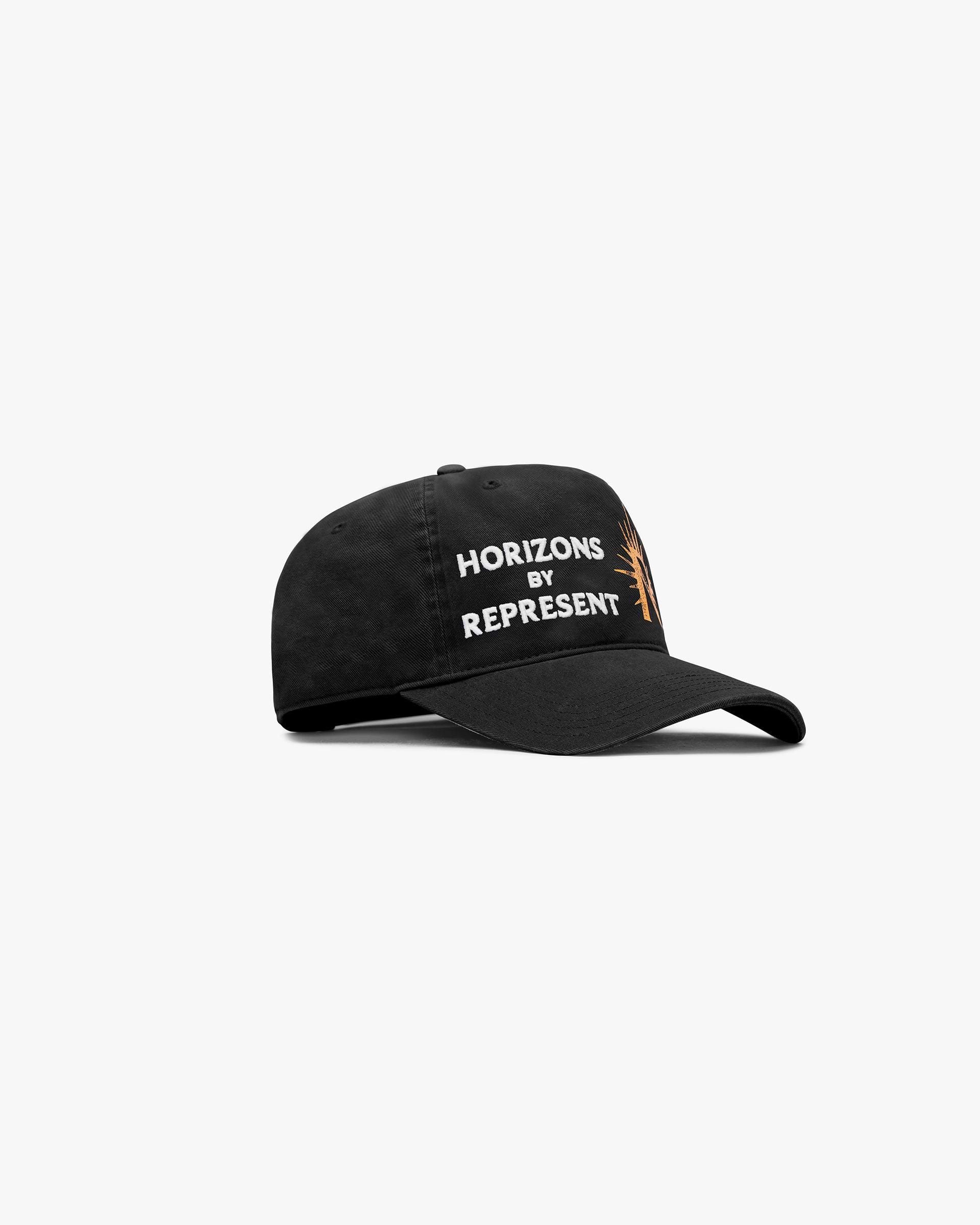 Front product image of a mens black cap on a plain white background | Horizons Cap in Black | Baseball cap with adjustable strap | SS24 Accessories | Represent Clo