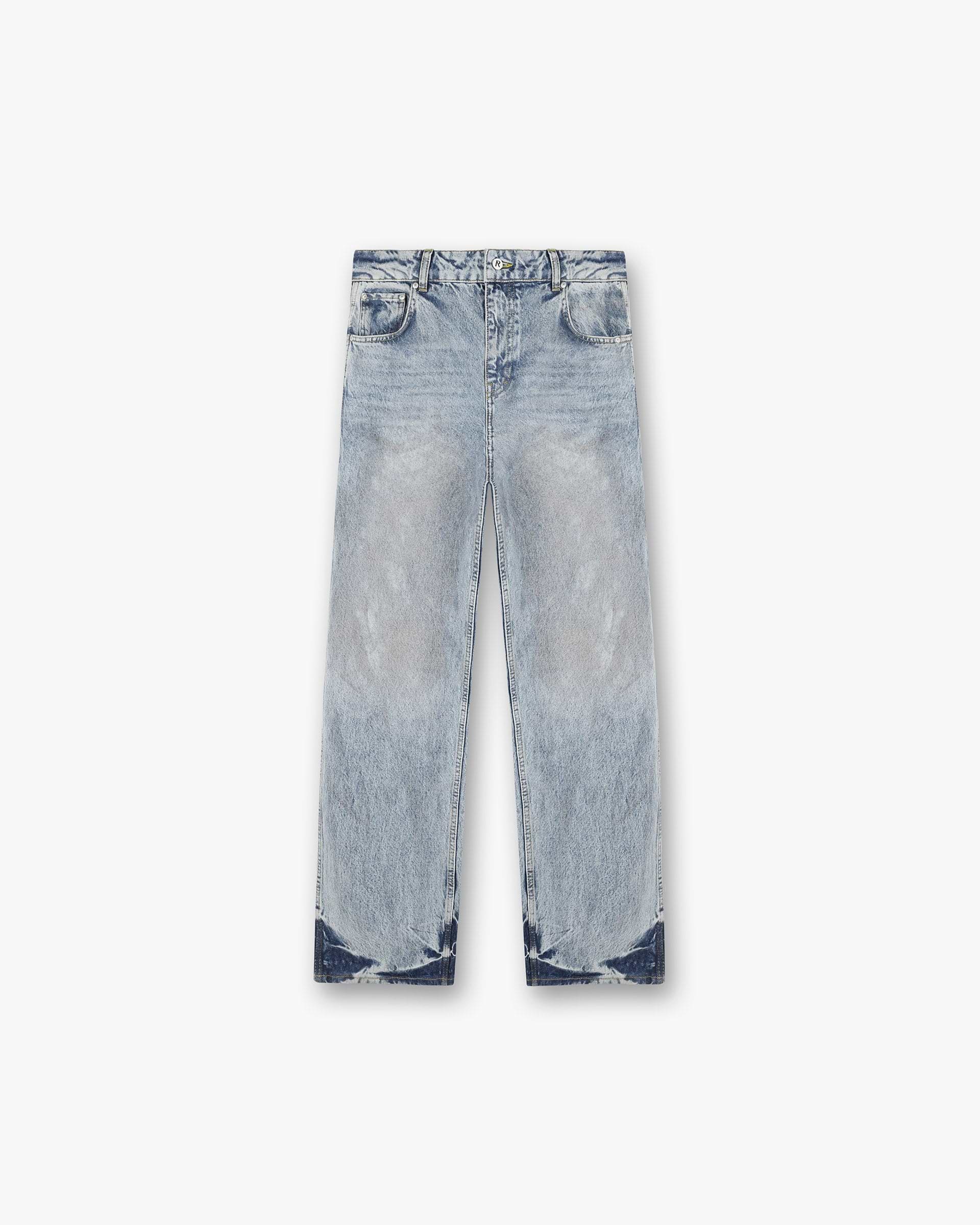 Front product image of mens blue denim on a plain white background | R3 Baggy Denim in Mechanic Blue | Baggy fit denim jeans | SS25 Denim | Represent Clo