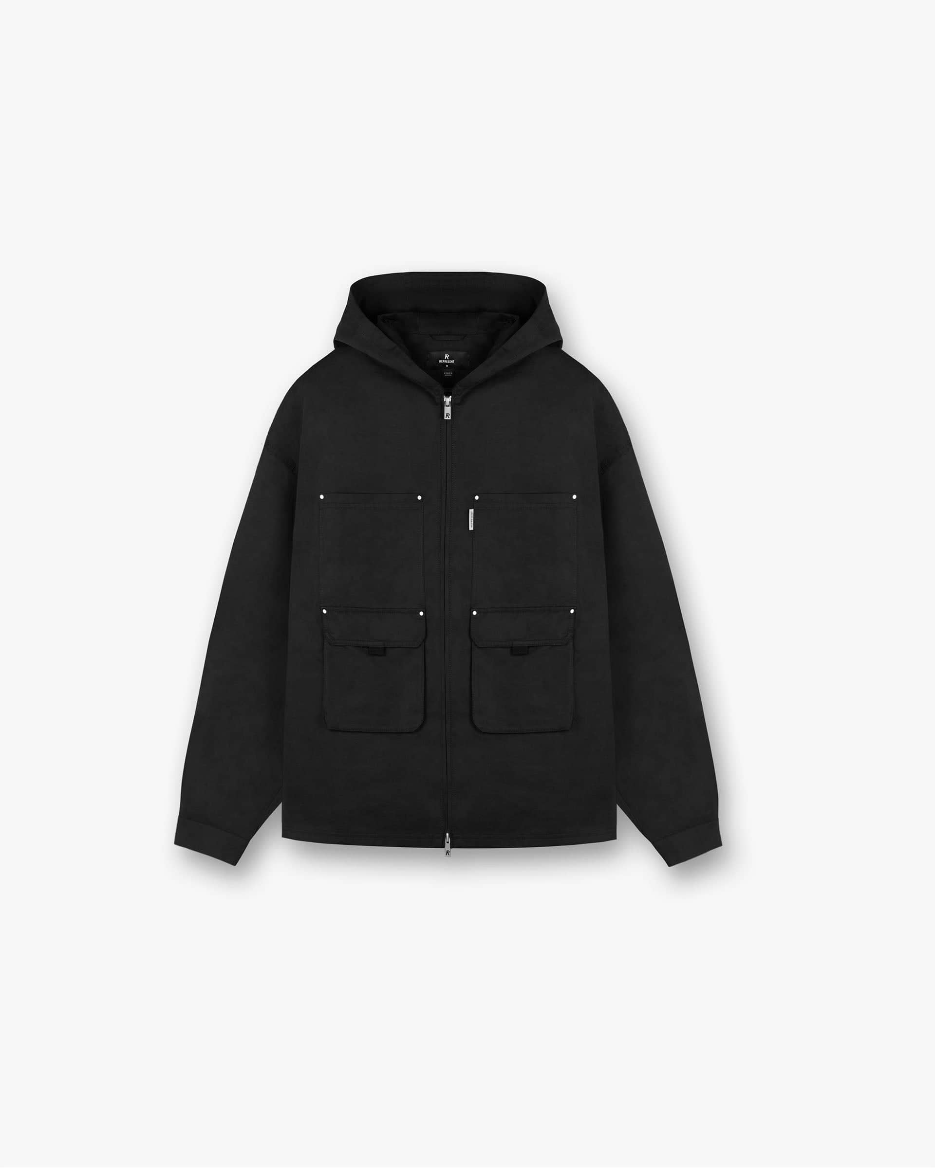 Front product image of a mens black shirt on a plain white background | Utility Hooded Shirt in Jet Black | Hooded shirt with utility design | FW24 Shirts | Represent Clo