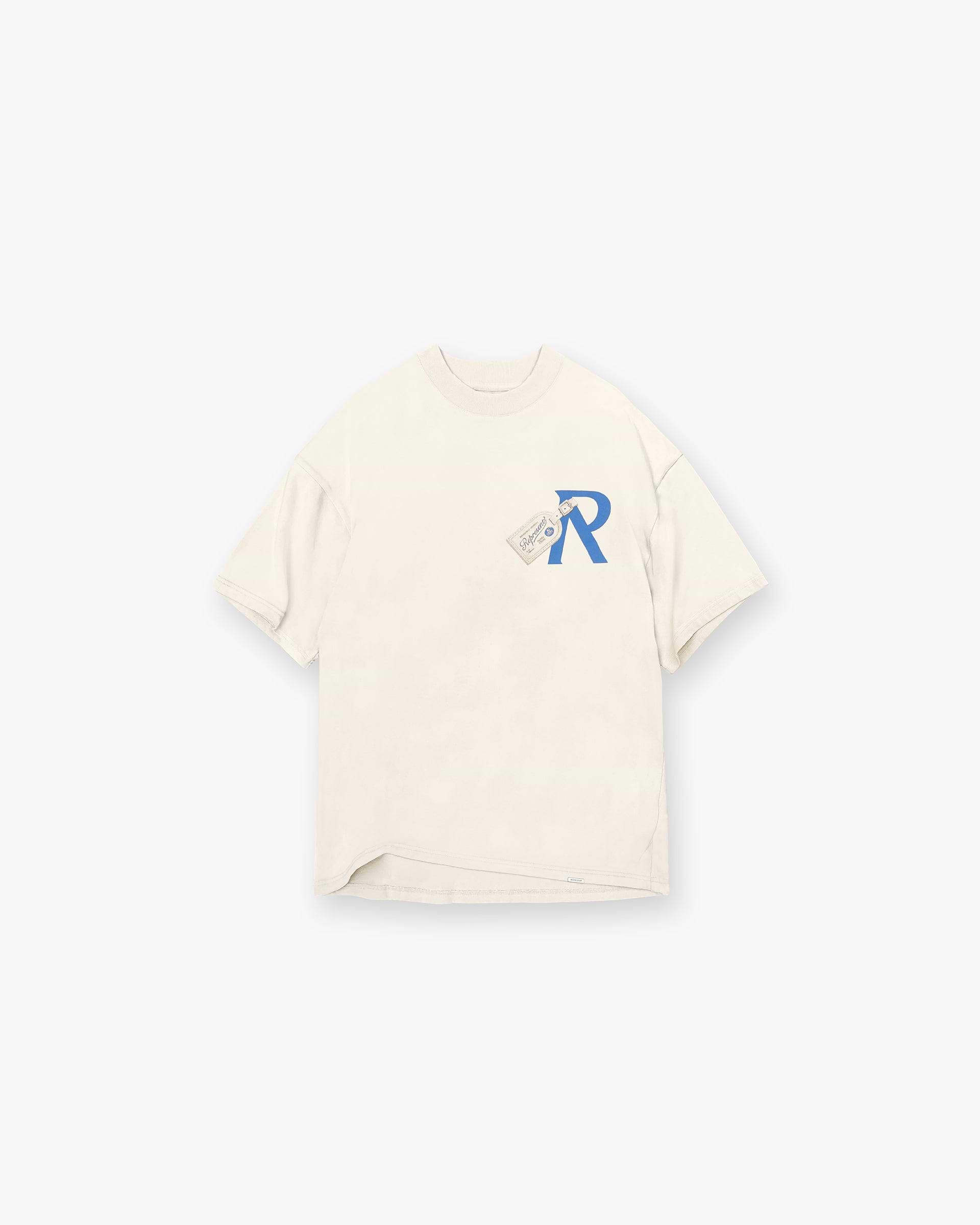 Front product image of a mens white t-shirt on a plain white background | Luggage Tag T-Shirt in Antique White | T-Shirt with embroidered Initial logo | SC24 T-Shirts | Represent Clo