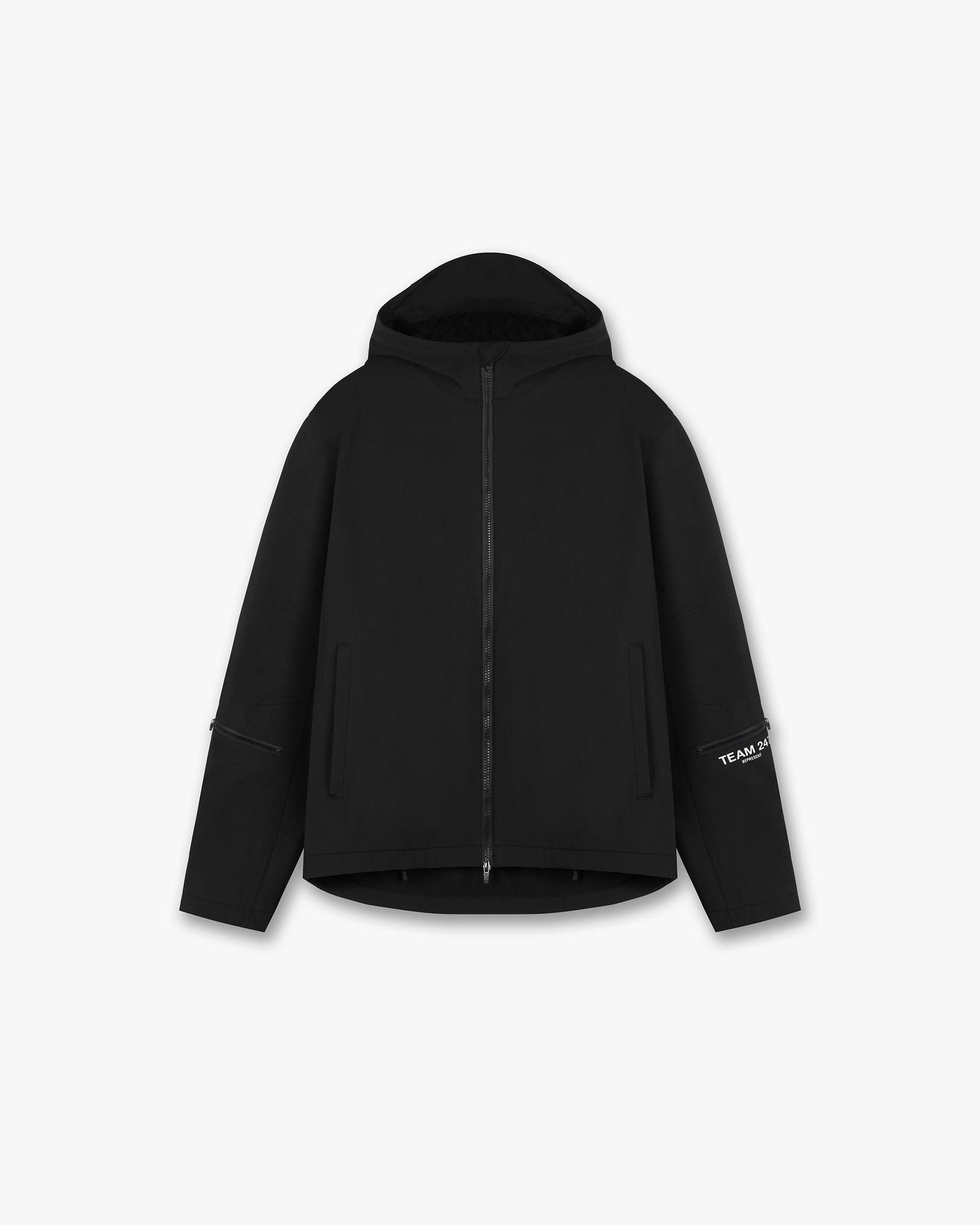 Front product image of a mens black jacket on a plain white background | Team 247 Mission Jacket in Black | Luxury jacket with ribbed hem and cuffs | 247 Outerwear | Represent Clo