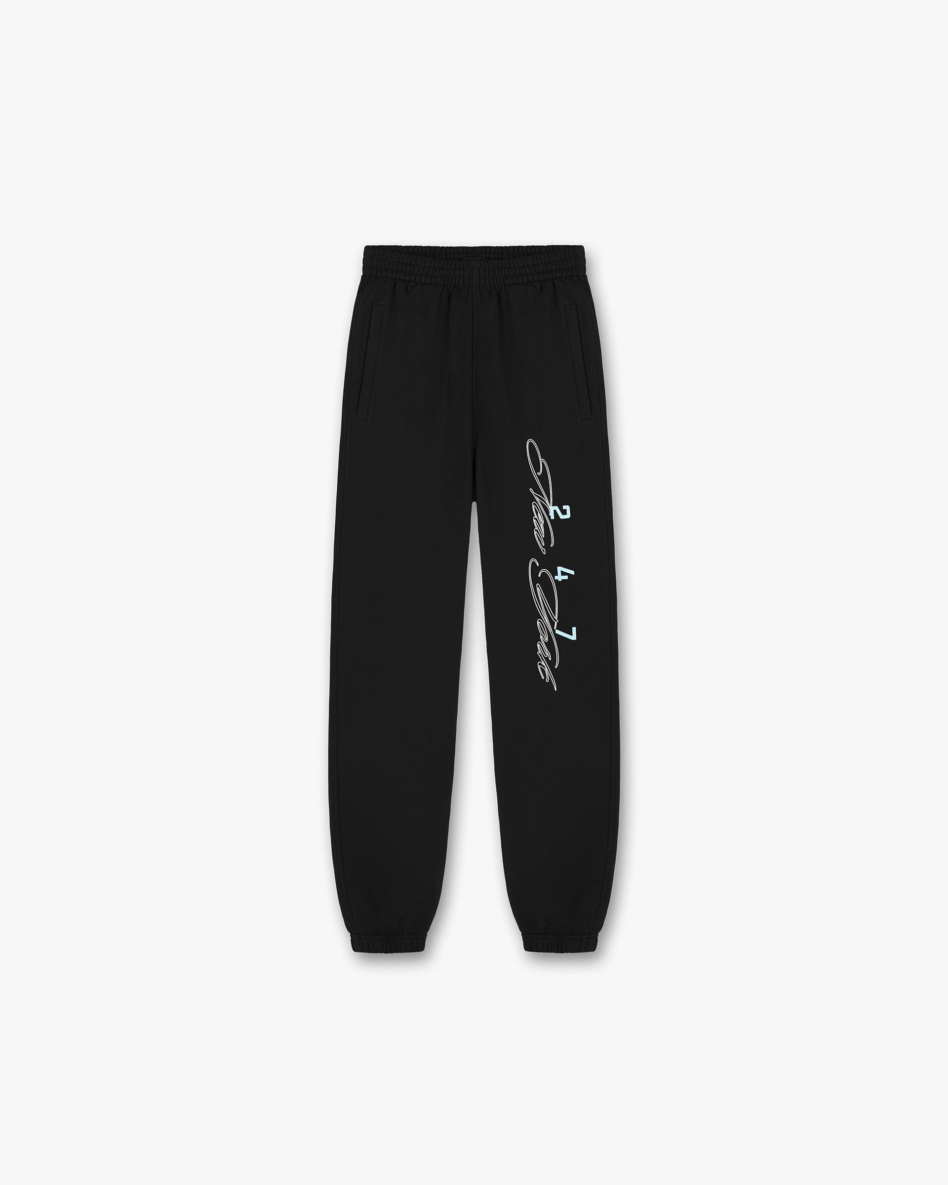 Front product image of a mens black sweatpant on a plain white background | 247 New York Sweatpant in Black | Soft cotton blend pants with drawstring waist | 247 Pants | Represent Clo