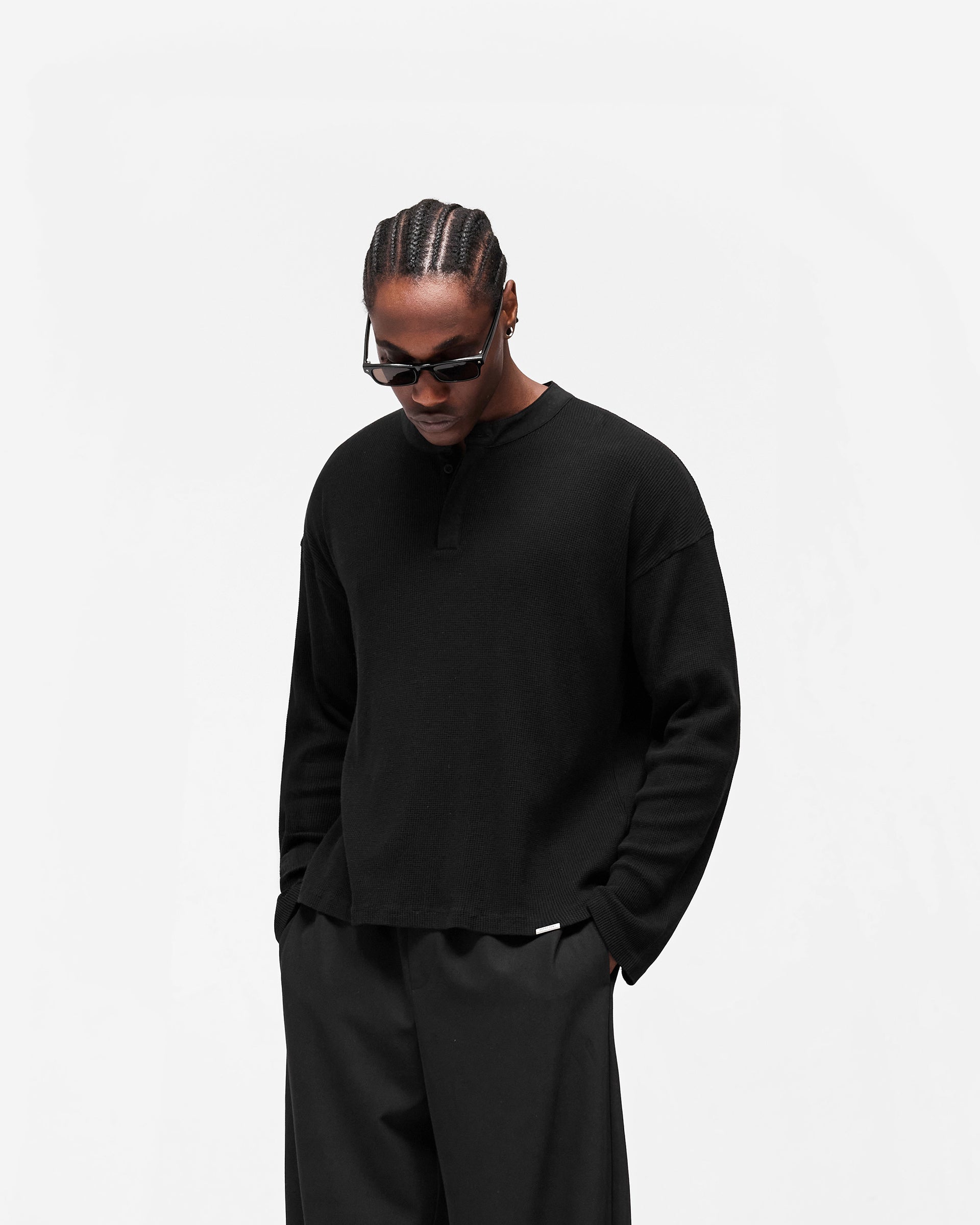 Initial Henley Waffle Long Sleeve T-Shirt - Jet Black