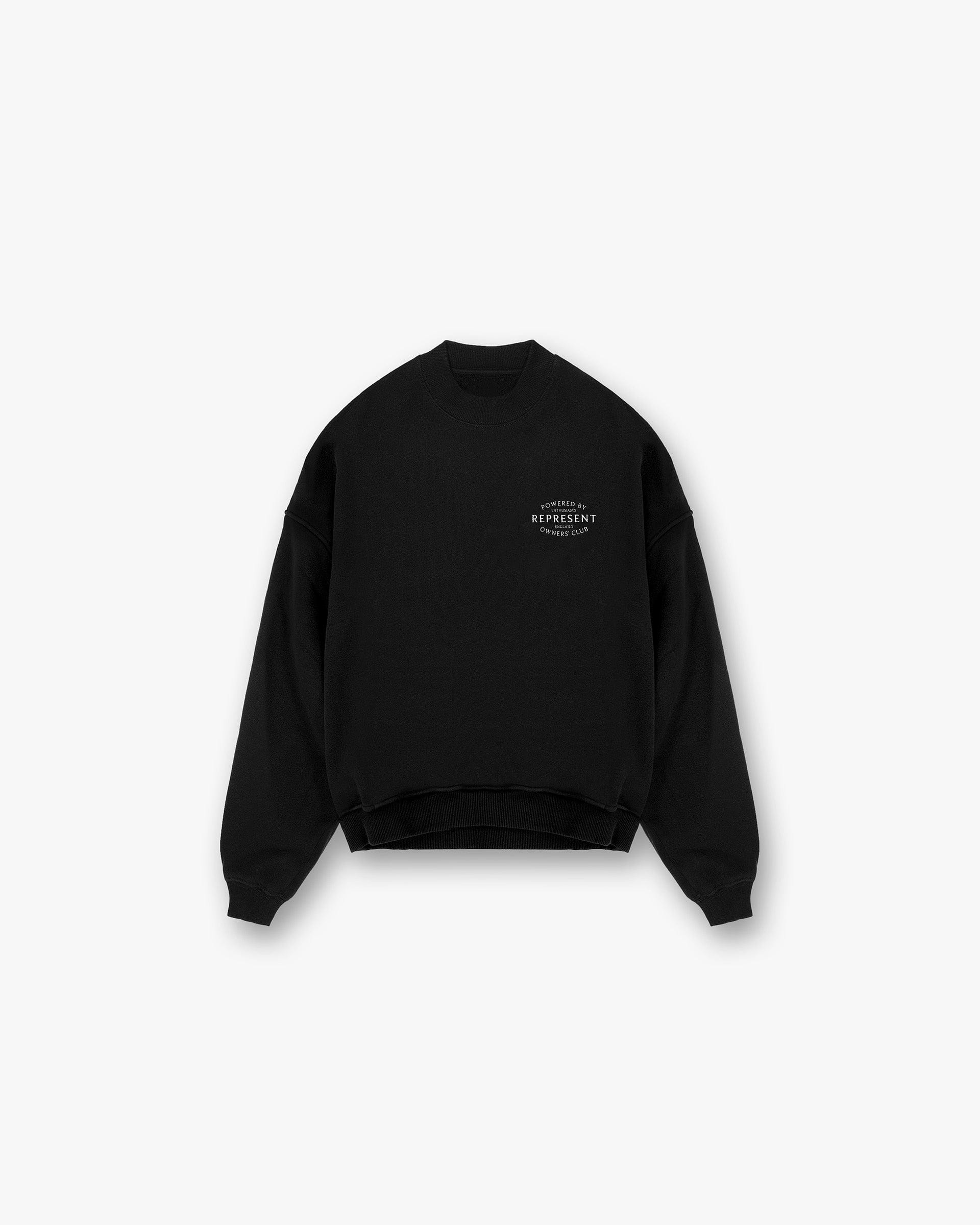 Back product image of a mens black sweater on a plain white background | Represent Owners Club Stamp Sweater in Jet Black | Heavy weight jersey cotton sweater with ribbed details | Owners Club Sweaters | Represent Clo