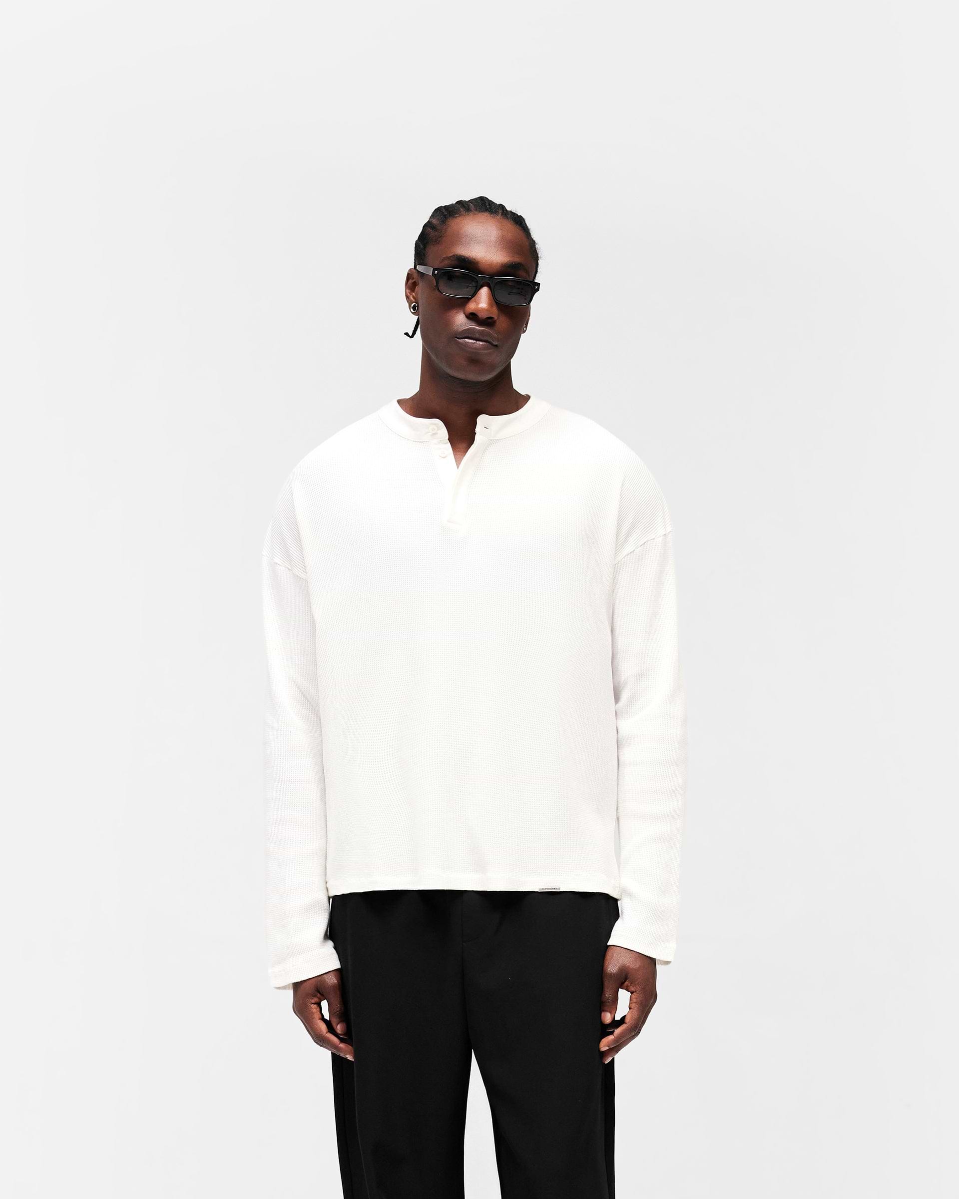 Initial Henley Waffle Long Sleeve T-Shirt - Flat White