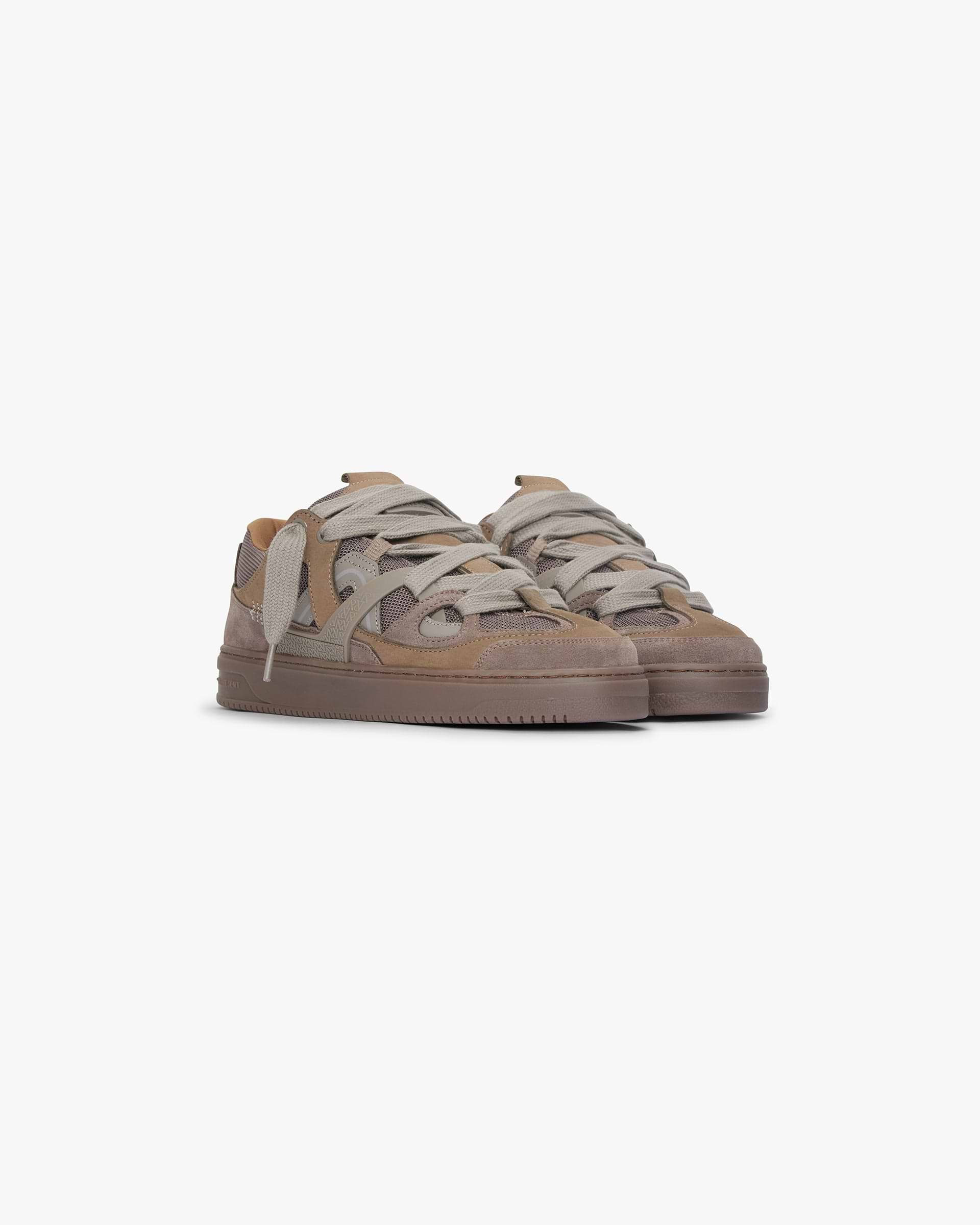 Back product image of mens taupe sneaker on a plain white background | Bully Sneaker in Washed Taupe | Retro skate-inspired sneaker with leather and suede overlays | SS24 Footwear | Represent Clo