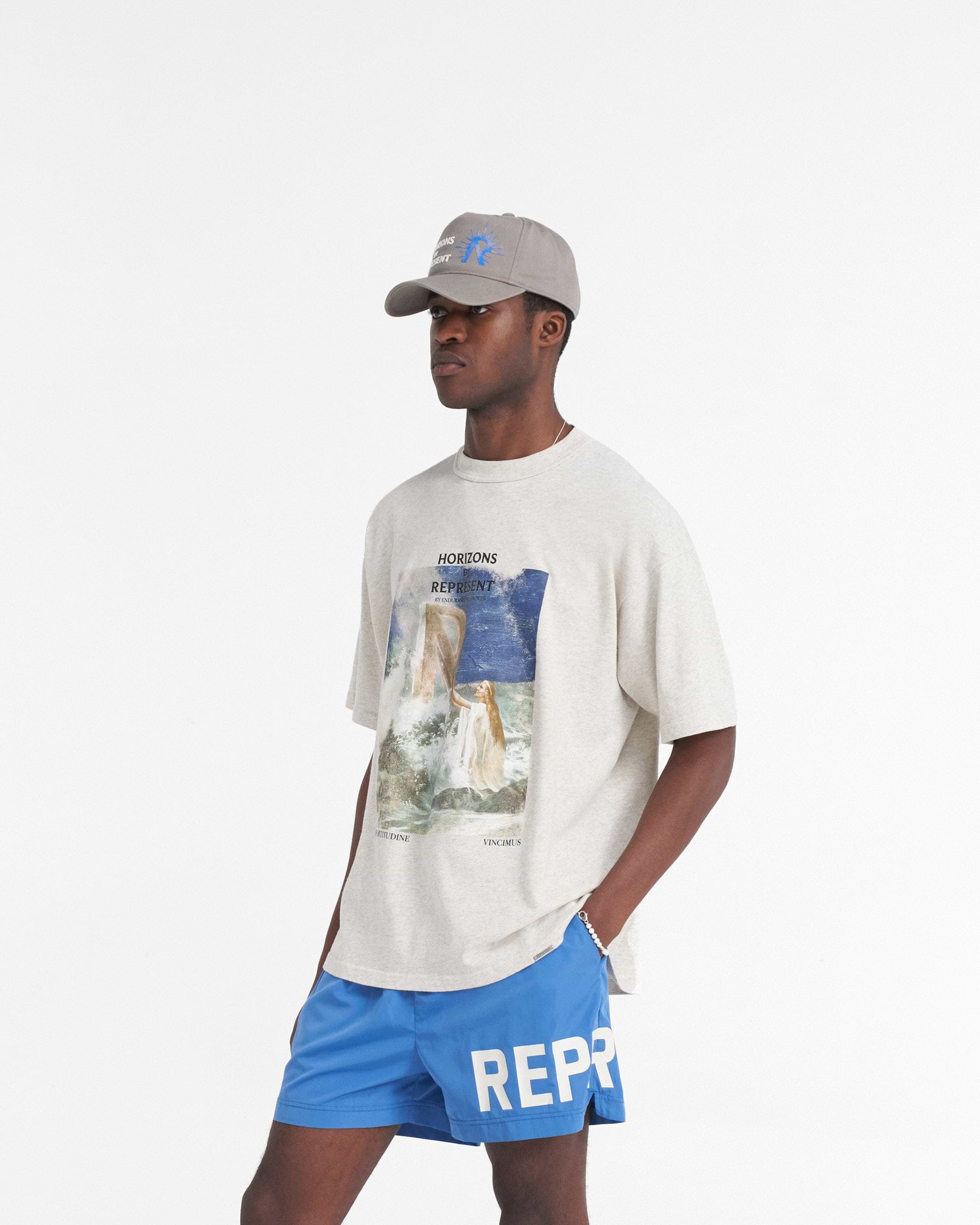 Back product image of a mens cream t-shirt on a plain white background | Higher Truth T-Shirt in Cream Marl | Oversized t-shirt with crewneck collar | SS24 T-Shirts | Represent Clo