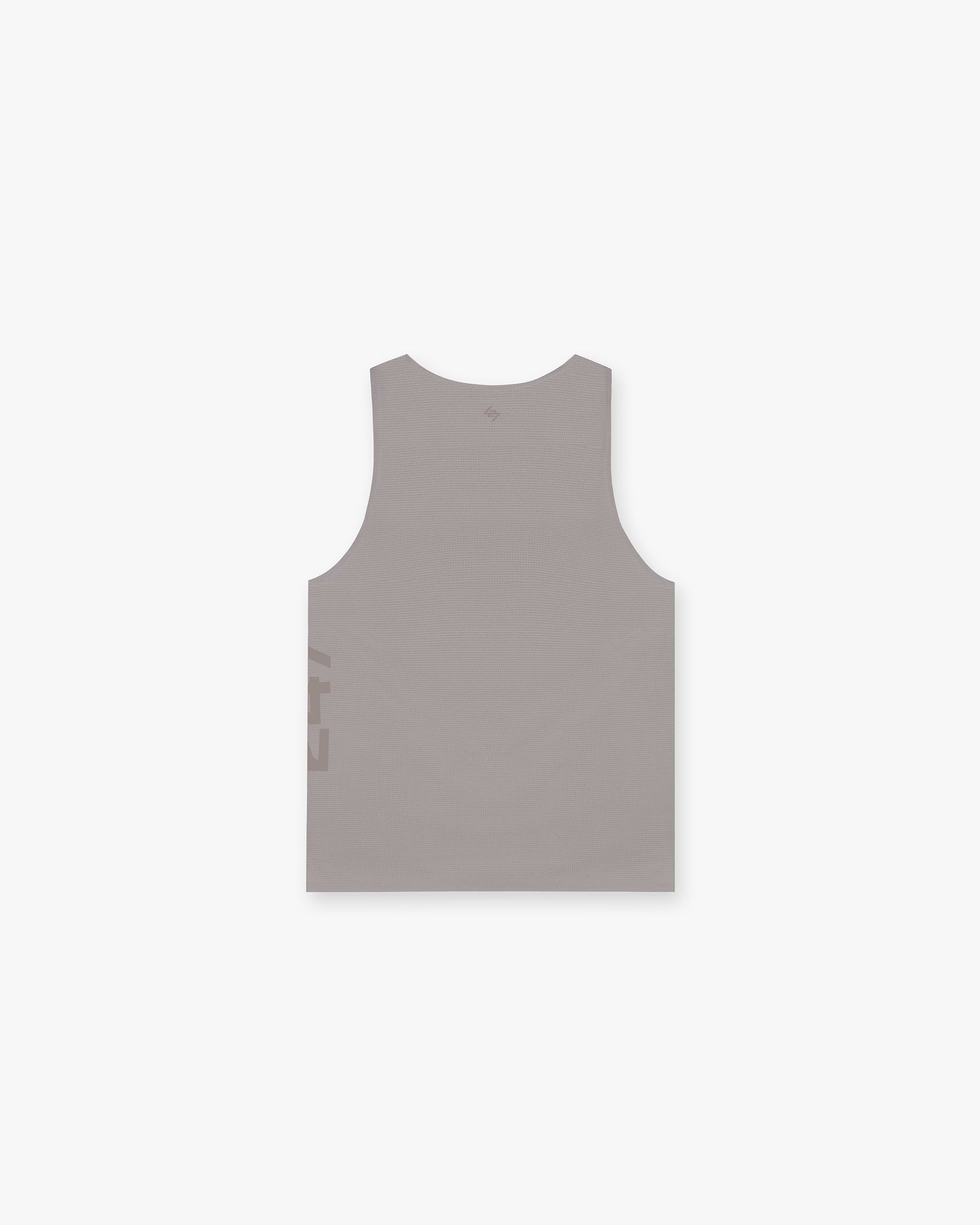 Back product image of a mens grey singlet on a plain white background | 247 Singlet in Cinder | Perforated training vest with bonded hems | 247 T-Shirts | Represent Clo